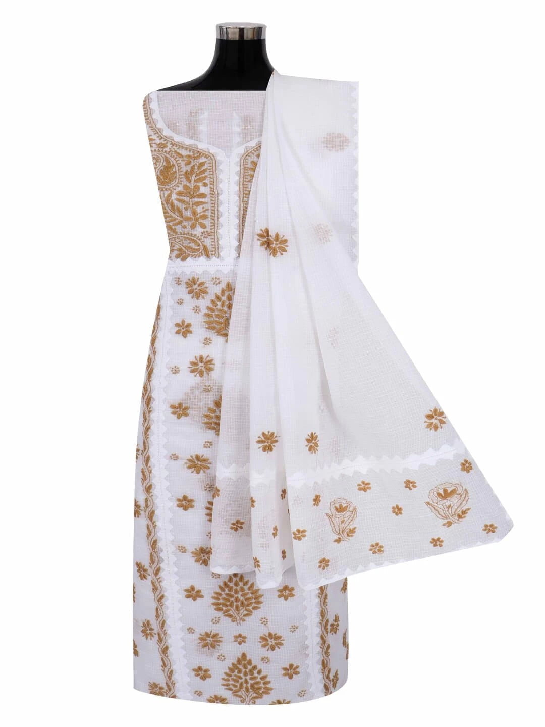 Ada Hand Embroidered White Kota Lucknowi Chikankari Unstitched Kurta Dupatta Set 01A213741