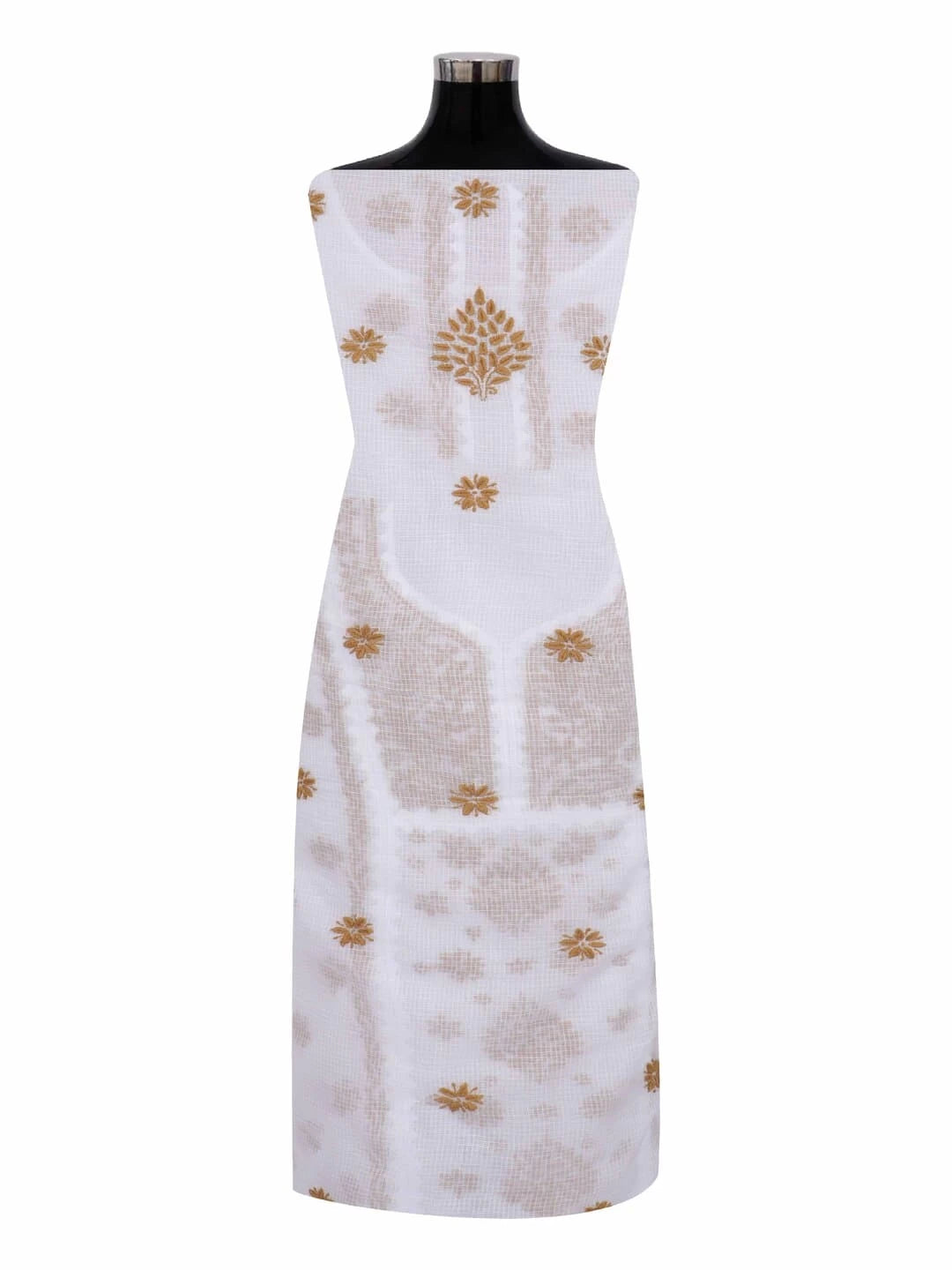 Ada Hand Embroidered White Kota Lucknowi Chikankari Unstitched Kurta Dupatta Set 01A213741