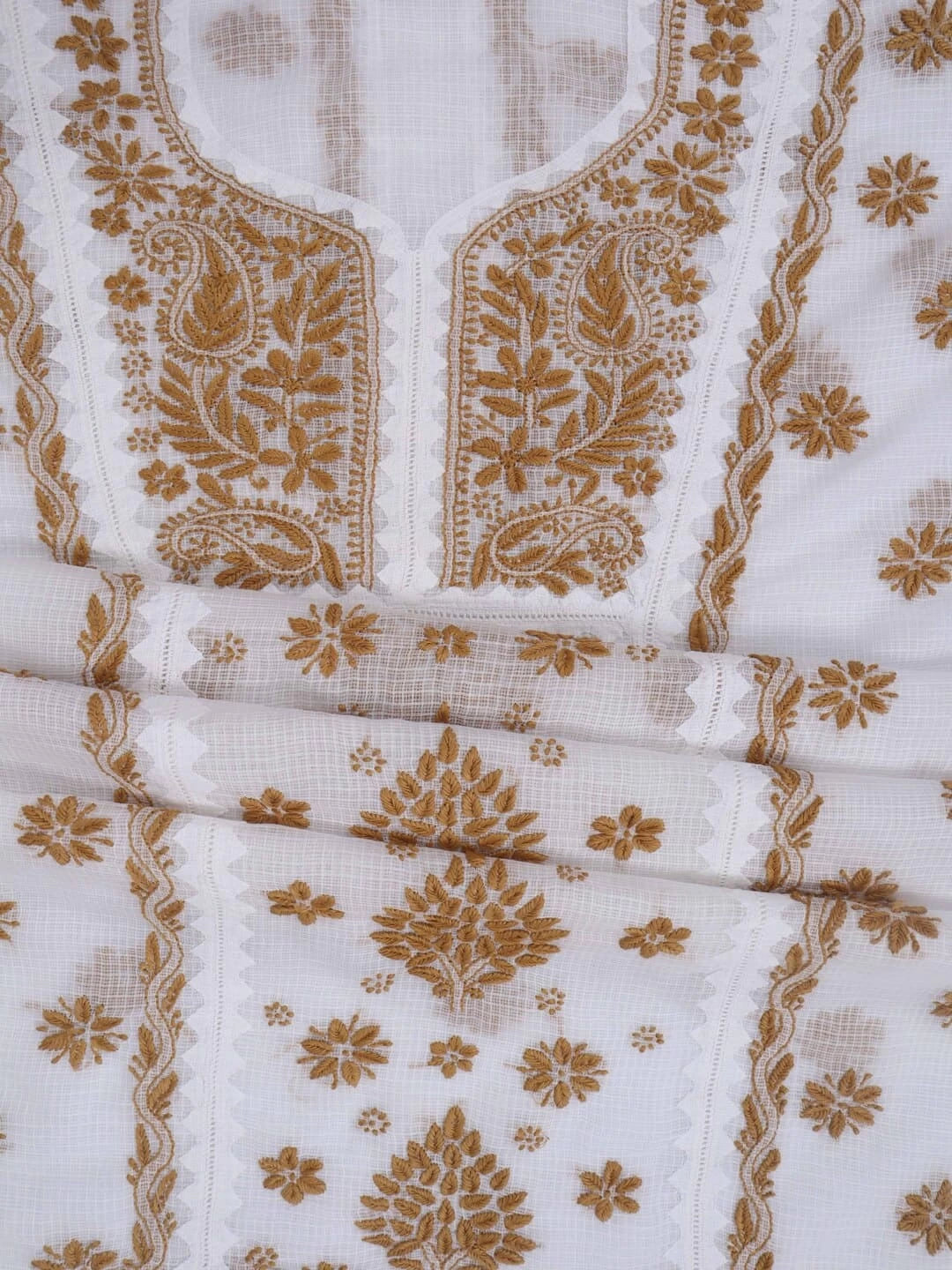 Ada Hand Embroidered White Kota Lucknowi Chikankari Unstitched Kurta Dupatta Set 01A213741