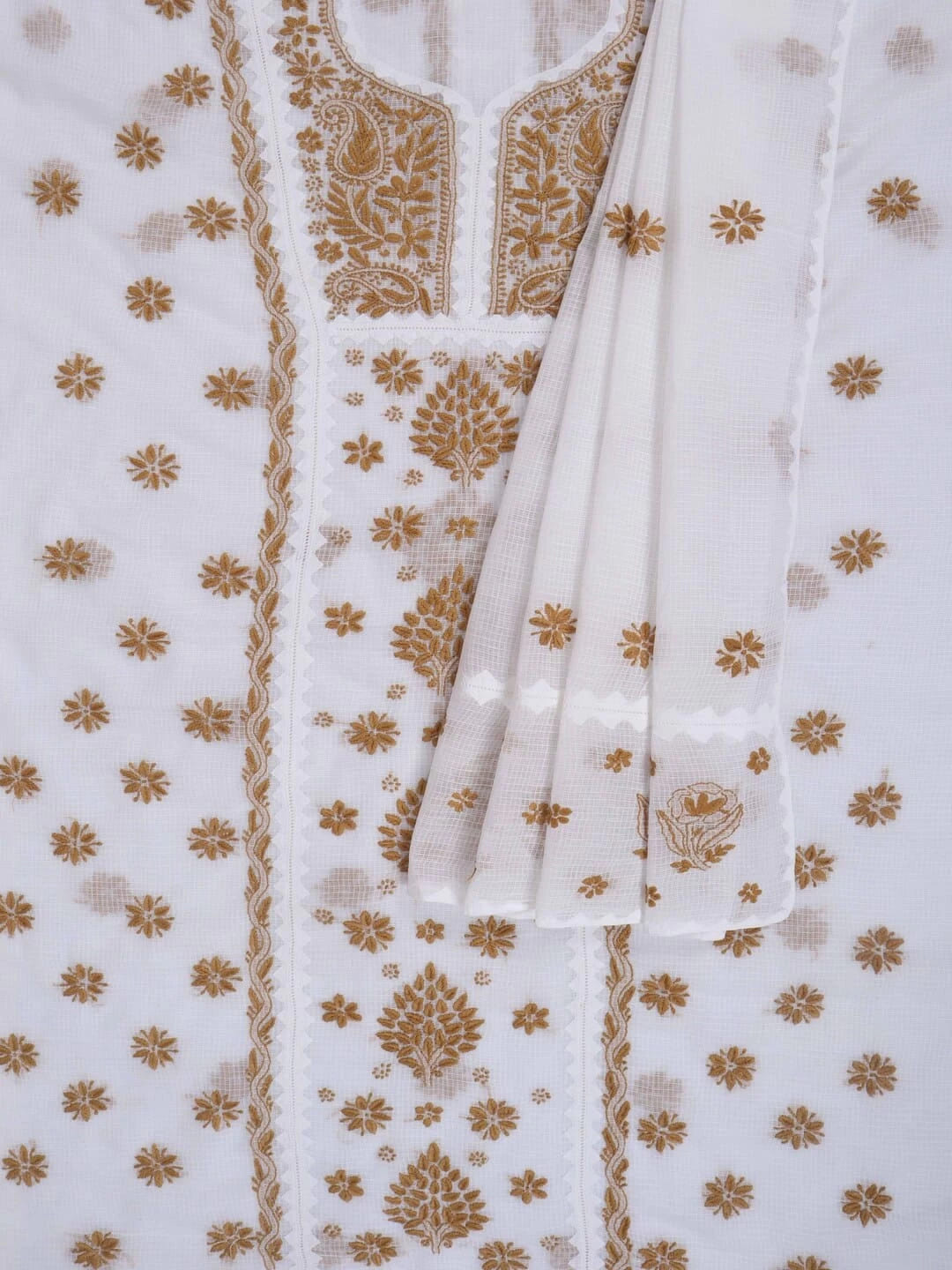 Ada Hand Embroidered White Kota Lucknowi Chikankari Unstitched Kurta Dupatta Set 01A213741