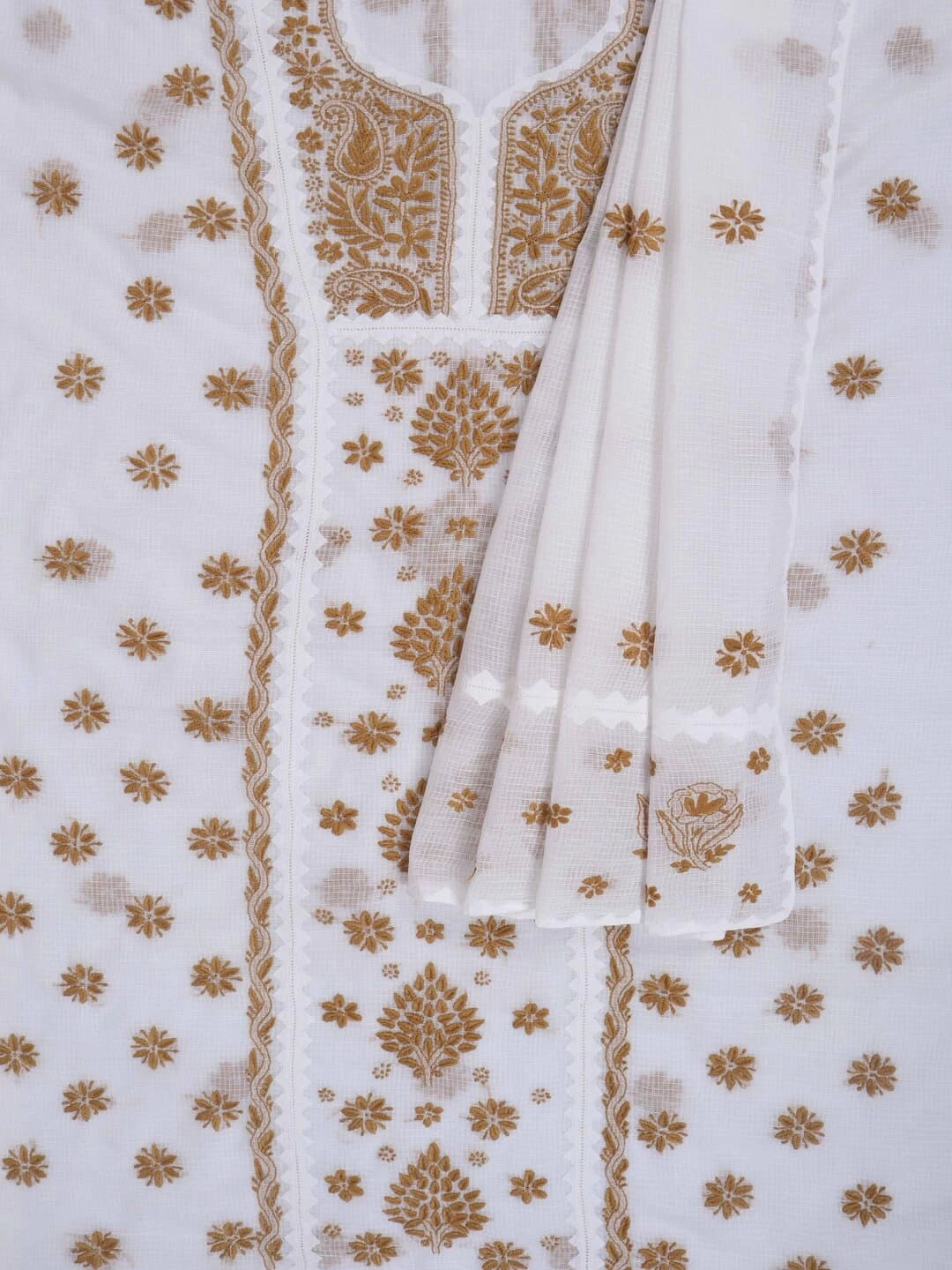 Ada Hand Embroidered White Kota Lucknowi Chikankari Unstitched Kurta Dupatta Set 01A213741