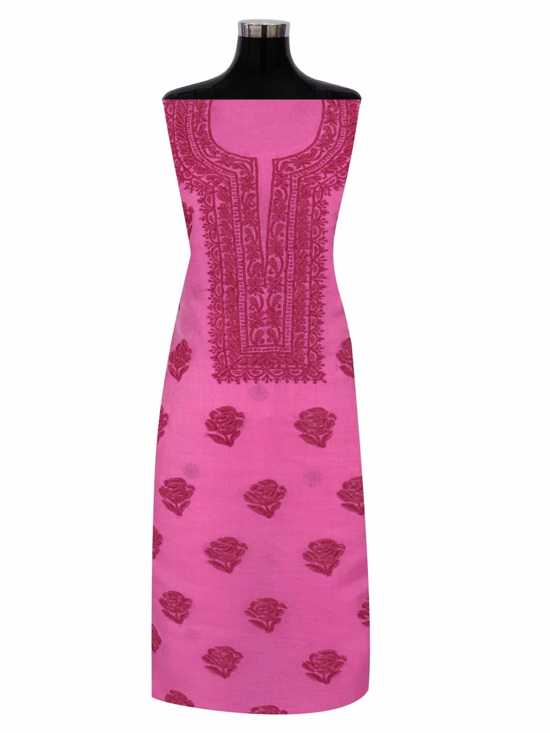 Ada Hand Embroidered Taffy Pink Chanderi Lucknowi Chikankari Unstitched Kurta Dupatta Set 01A253865