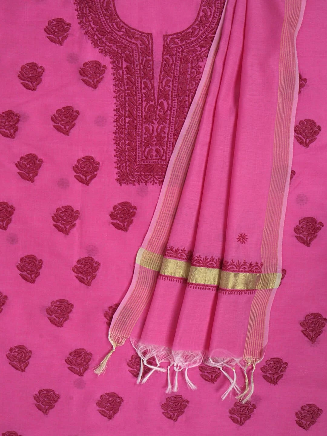 Ada Hand Embroidered Taffy Pink Chanderi Lucknowi Chikankari Unstitched Kurta Dupatta Set 01A253865