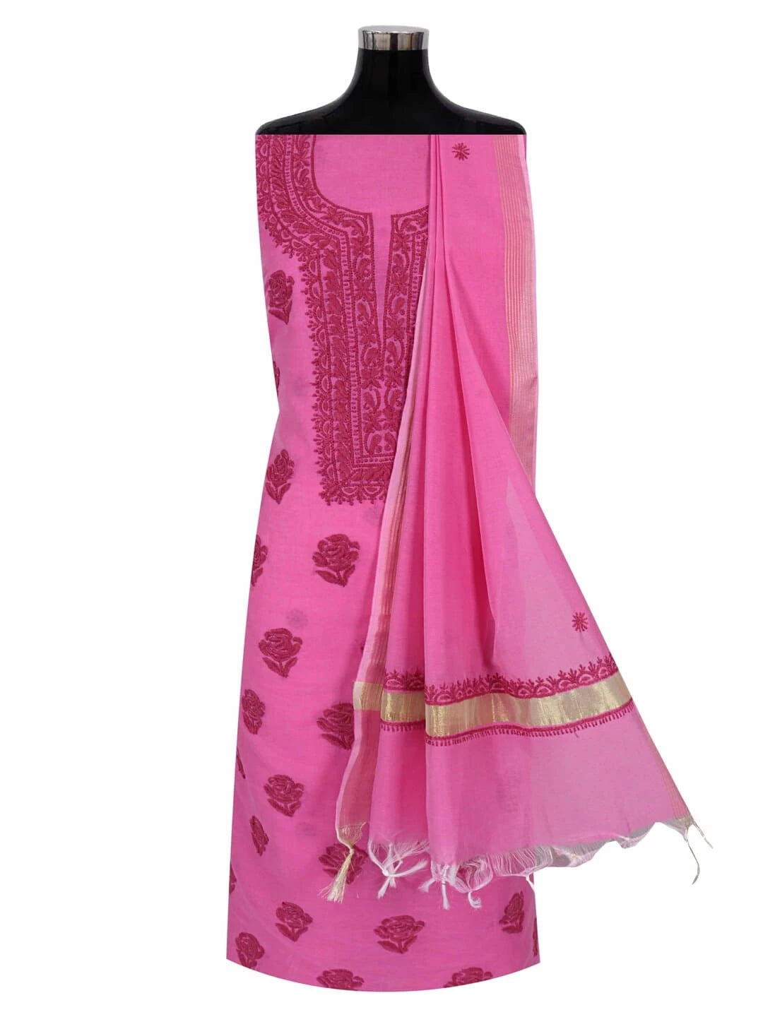 Ada Hand Embroidered Taffy Pink Chanderi Lucknowi Chikankari Unstitched Kurta Dupatta Set 01A253865