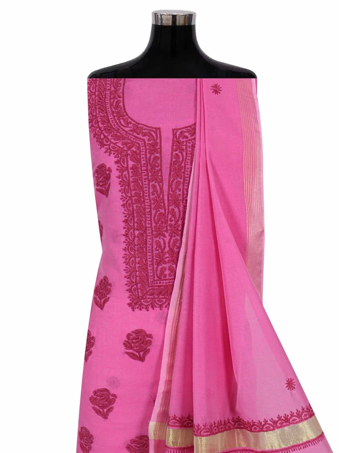 Ada Hand Embroidered Taffy Pink Chanderi Lucknowi Chikankari Unstitched Kurta Dupatta Set 01A253865