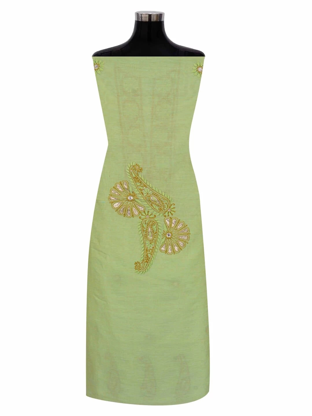 Ada Hand Embroidered Light Olive Green Chanderi Lucknowi Chikankari Unstitched Kurta Dupatta Set With Zari Work 01A185537