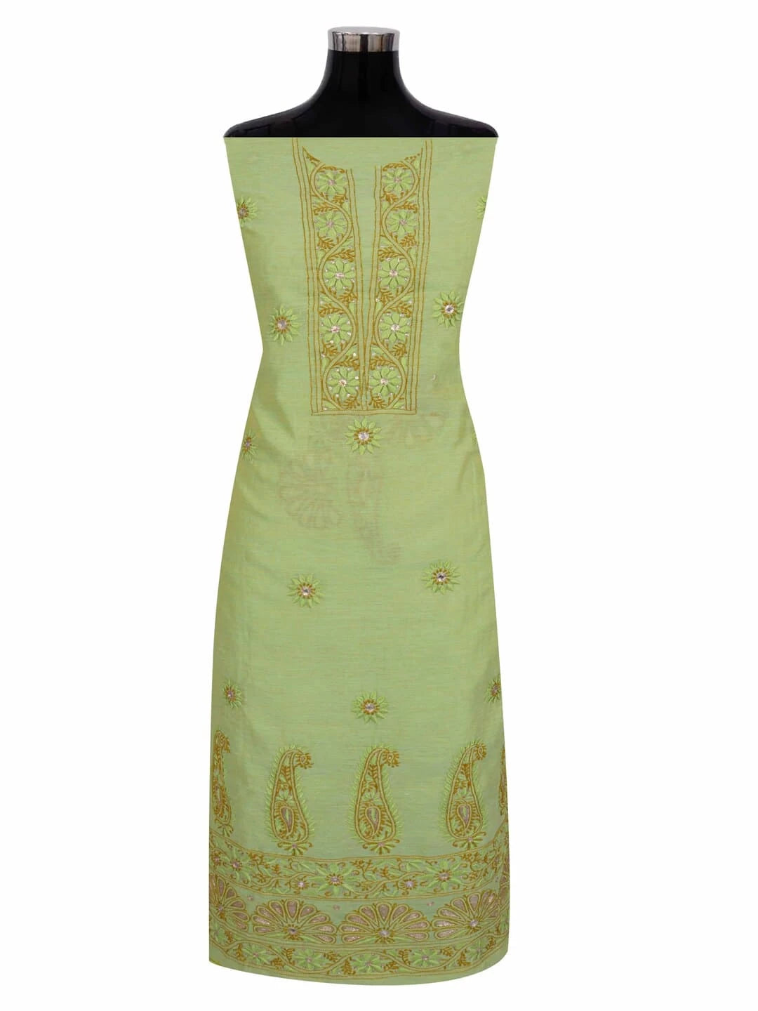 Ada Hand Embroidered Light Olive Green Chanderi Lucknowi Chikankari Unstitched Kurta Dupatta Set With Zari Work 01A185537