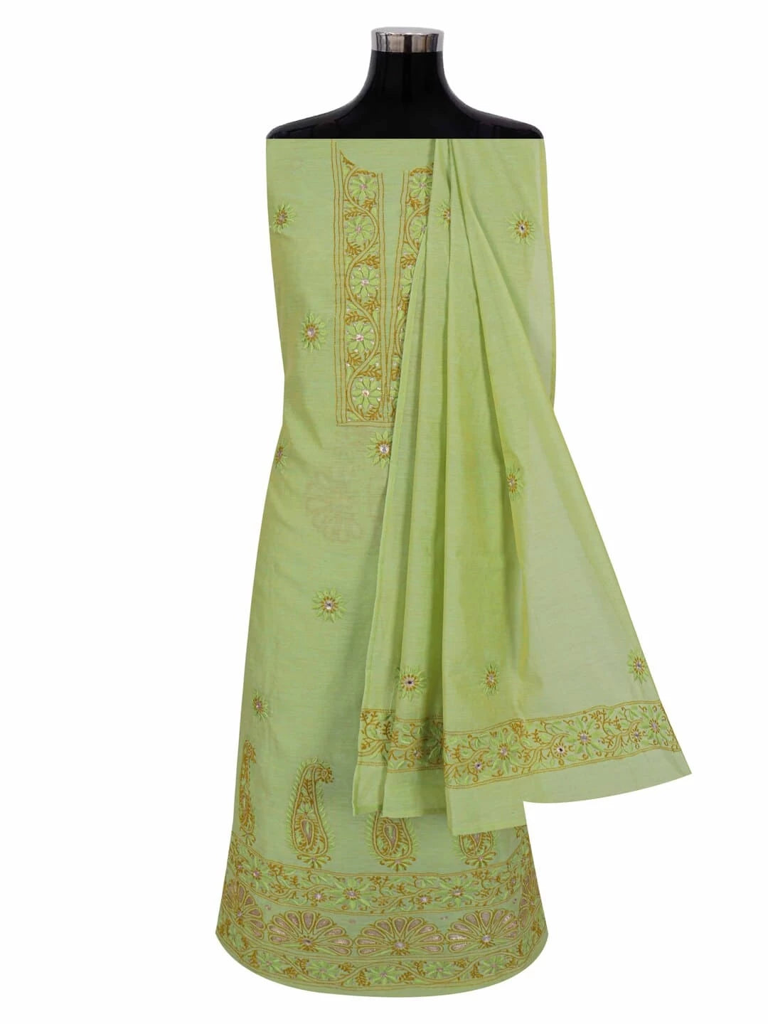 Ada Hand Embroidered Light Olive Green Chanderi Lucknowi Chikankari Unstitched Kurta Dupatta Set With Zari Work 01A185537
