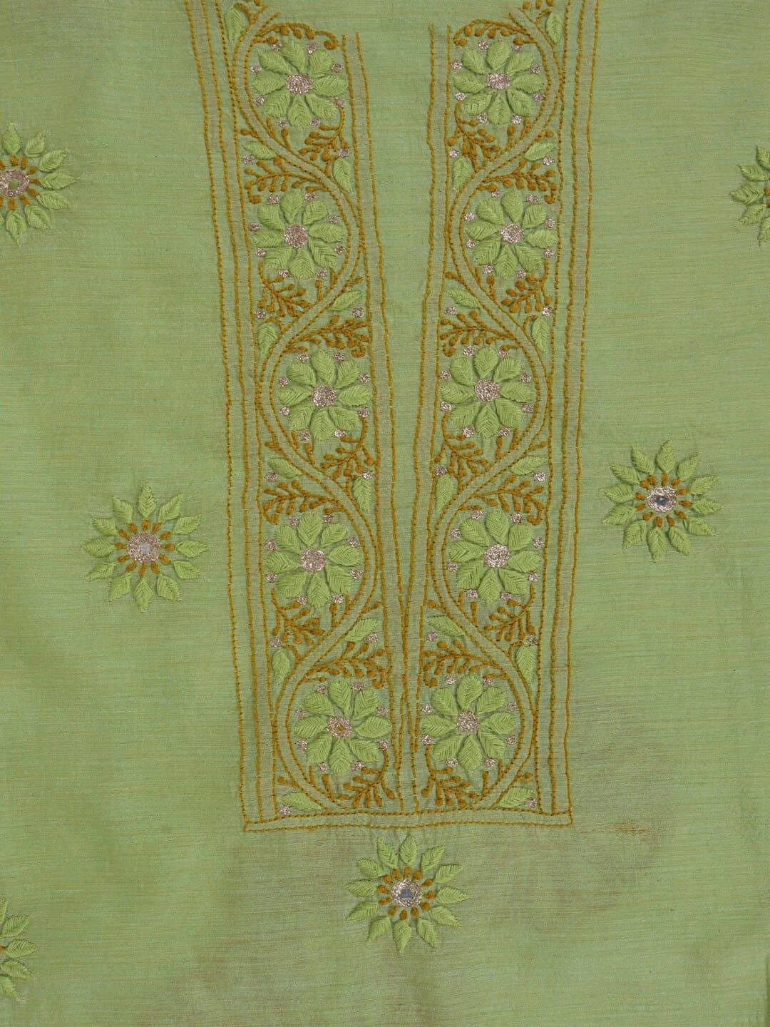Ada Hand Embroidered Light Olive Green Chanderi Lucknowi Chikankari Unstitched Kurta Dupatta Set With Zari Work 01A185537