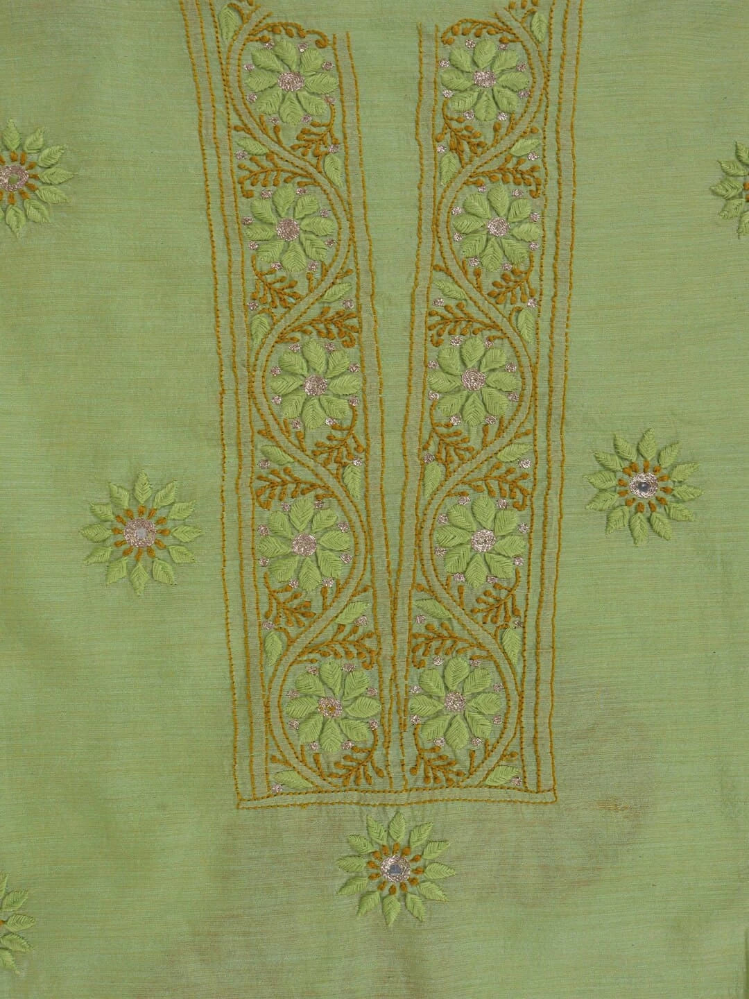 Ada Hand Embroidered Light Olive Green Chanderi Lucknowi Chikankari Unstitched Kurta Dupatta Set With Zari Work 01A185537