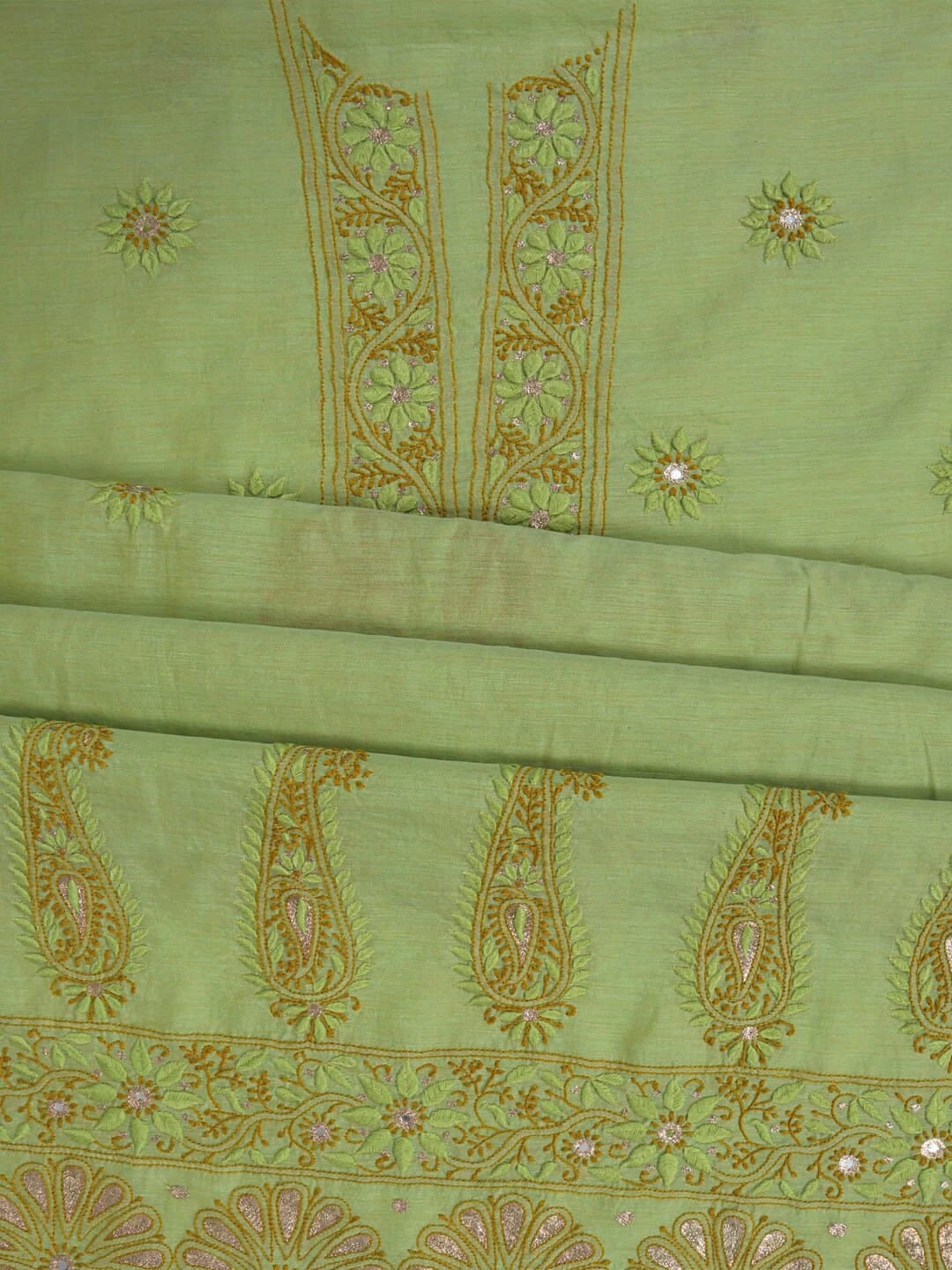 Ada Hand Embroidered Light Olive Green Chanderi Lucknowi Chikankari Unstitched Kurta Dupatta Set With Zari Work 01A185537