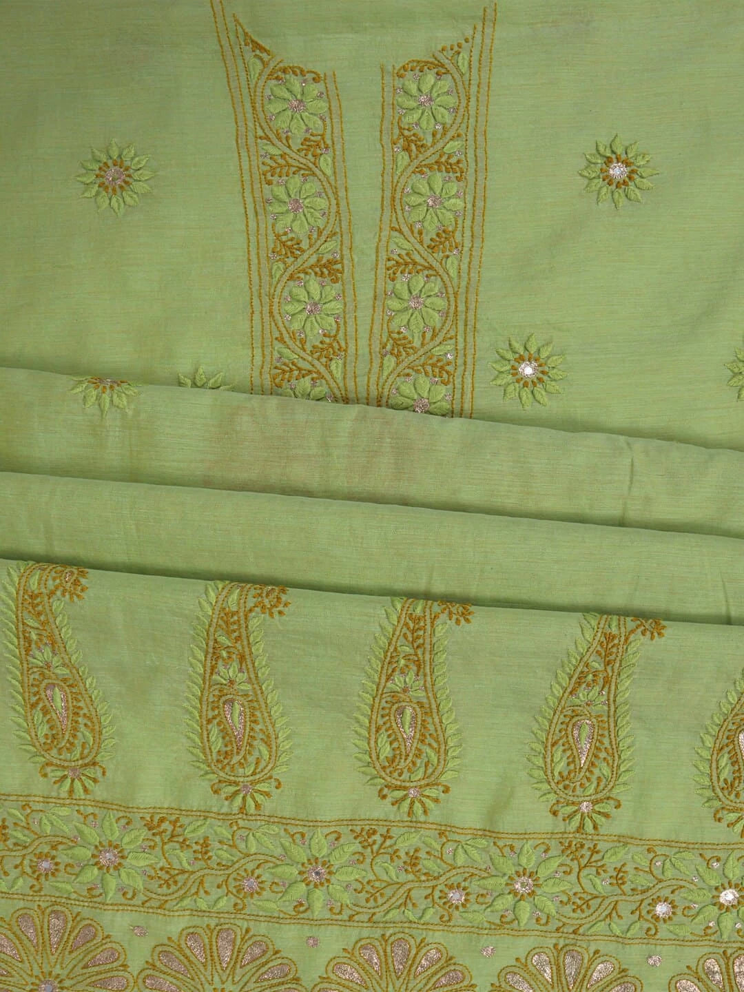 Ada Hand Embroidered Light Olive Green Chanderi Lucknowi Chikankari Unstitched Kurta Dupatta Set With Zari Work 01A185537