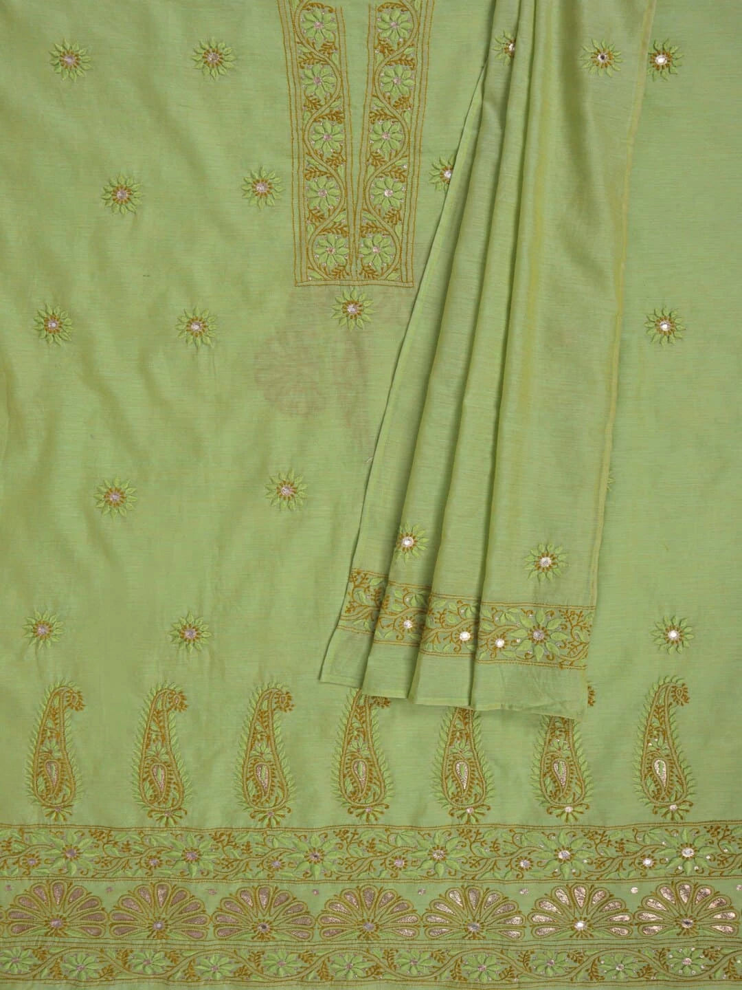 Ada Hand Embroidered Light Olive Green Chanderi Lucknowi Chikankari Unstitched Kurta Dupatta Set With Zari Work 01A185537