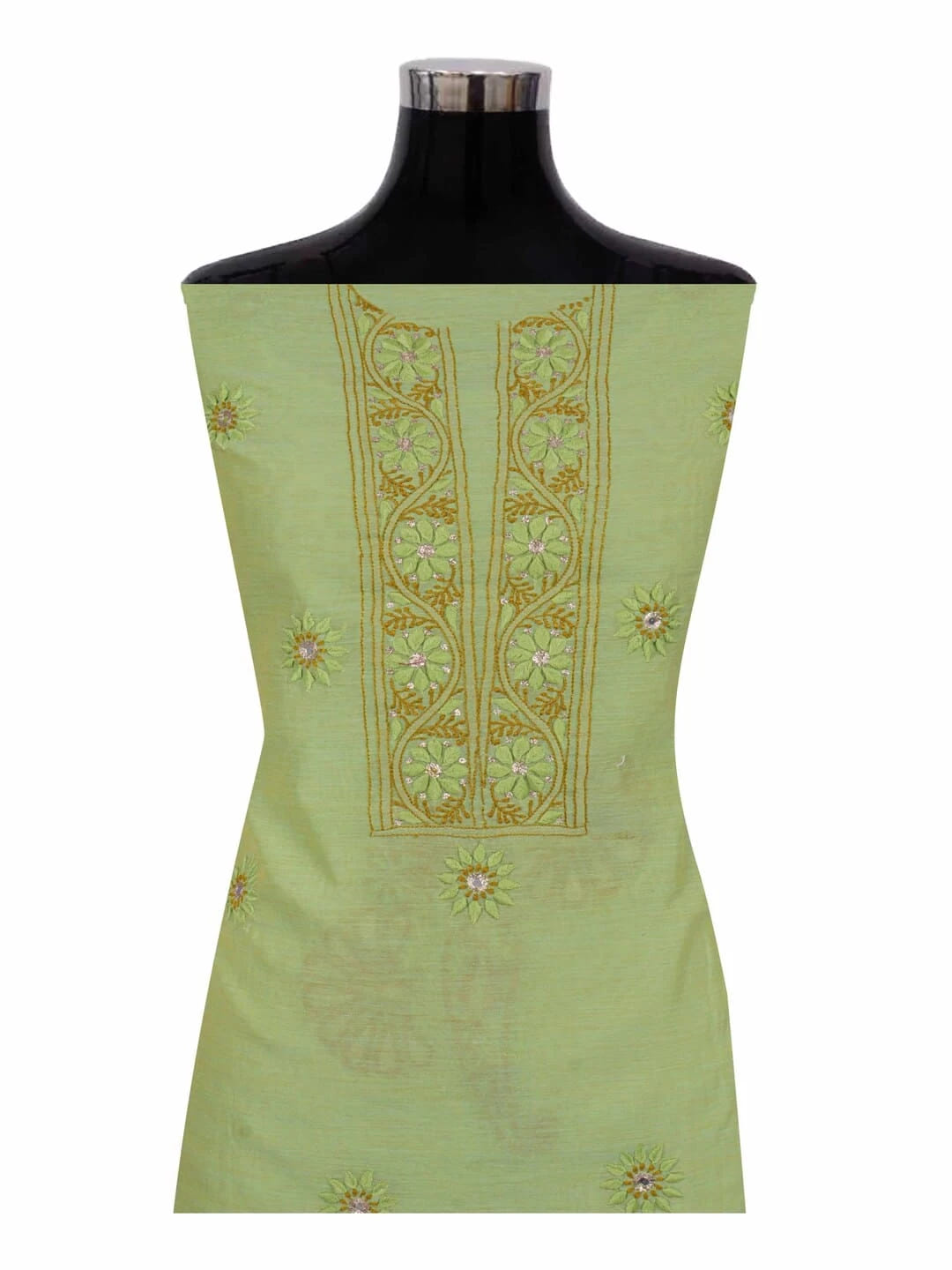 Ada Hand Embroidered Light Olive Green Chanderi Lucknowi Chikankari Unstitched Kurta Dupatta Set With Zari Work 01A185537