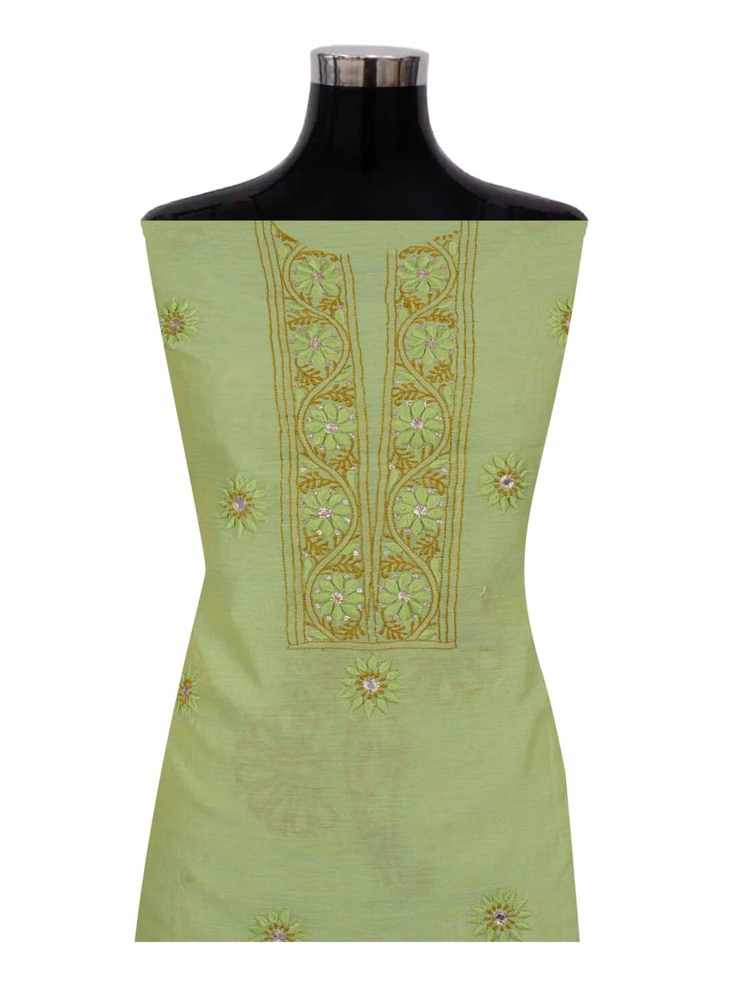 Ada Hand Embroidered Light Olive Green Chanderi Lucknowi Chikankari Unstitched Kurta Dupatta Set With Zari Work 01A185537