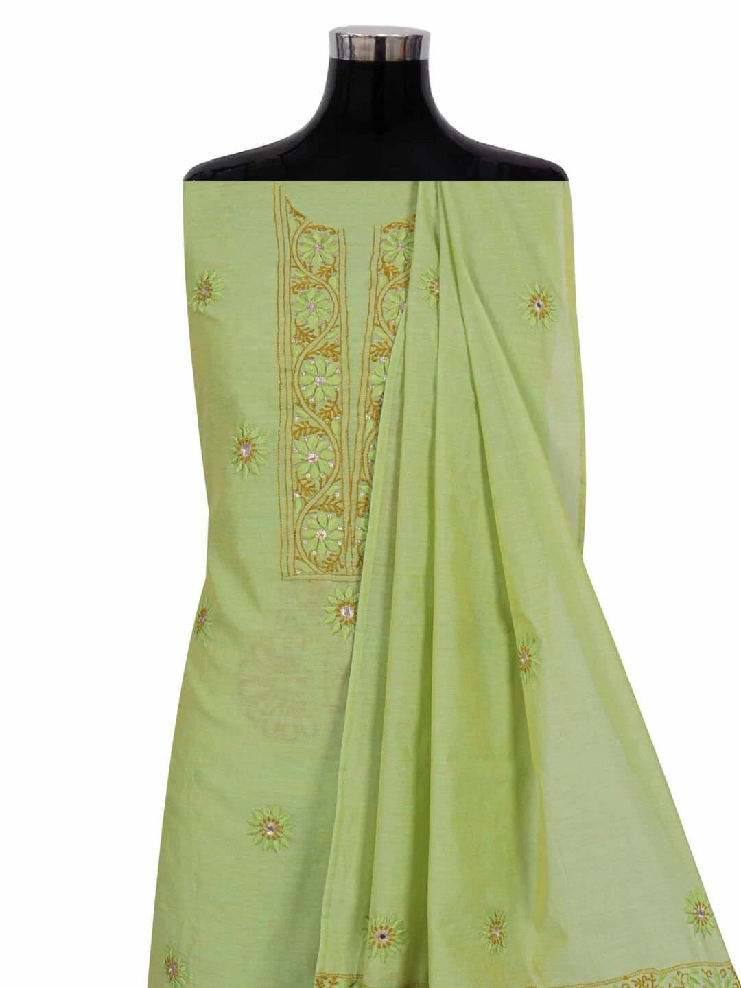 Ada Hand Embroidered Light Olive Green Chanderi Lucknowi Chikankari Unstitched Kurta Dupatta Set With Zari Work 01A185537