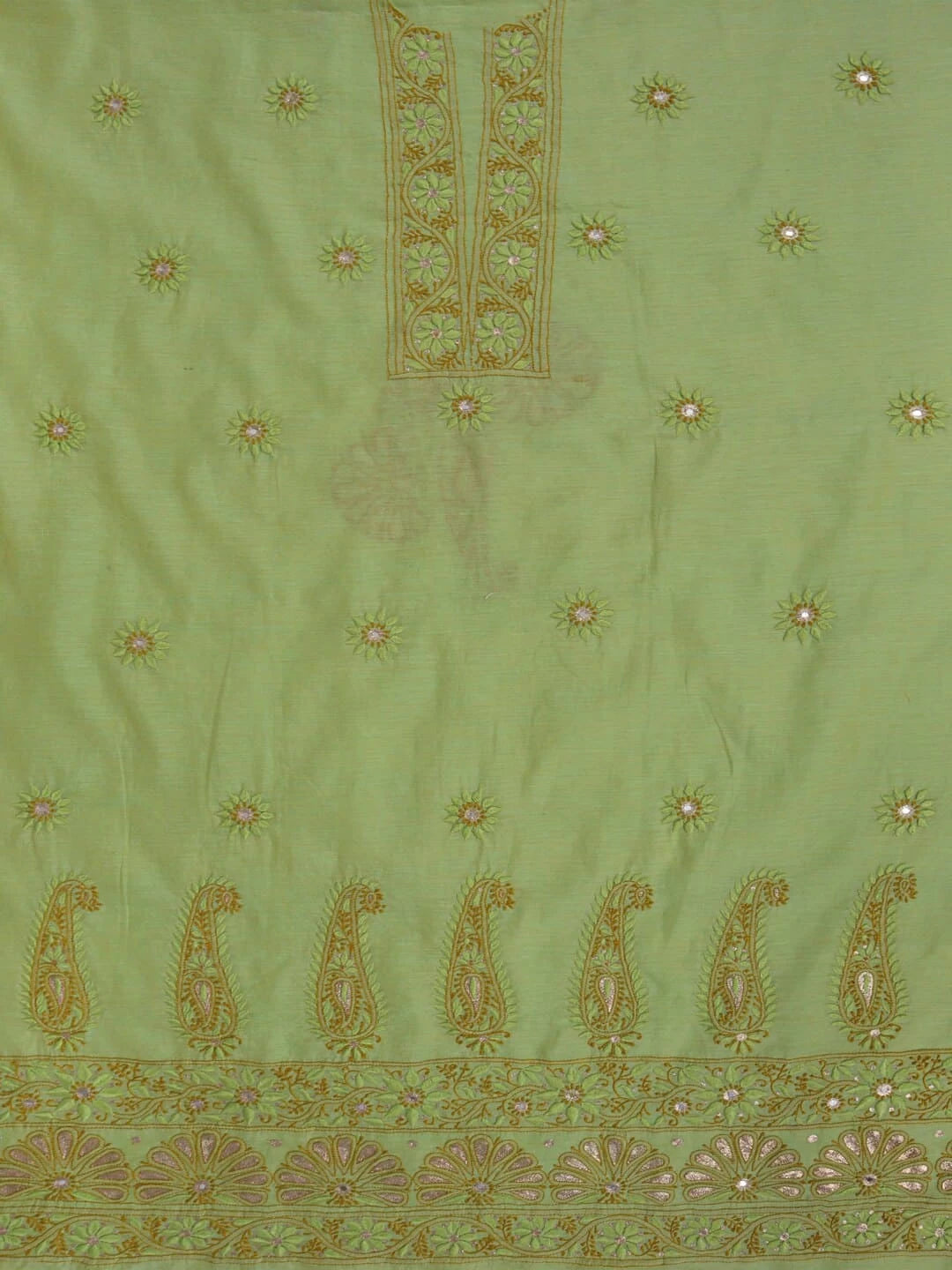 Ada Hand Embroidered Light Olive Green Chanderi Lucknowi Chikankari Unstitched Kurta Dupatta Set With Zari Work 01A185537