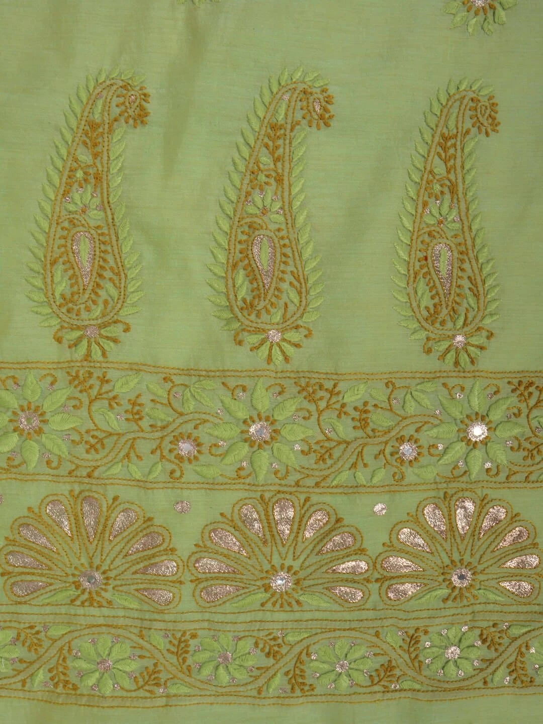 Ada Hand Embroidered Light Olive Green Chanderi Lucknowi Chikankari Unstitched Kurta Dupatta Set With Zari Work 01A185537