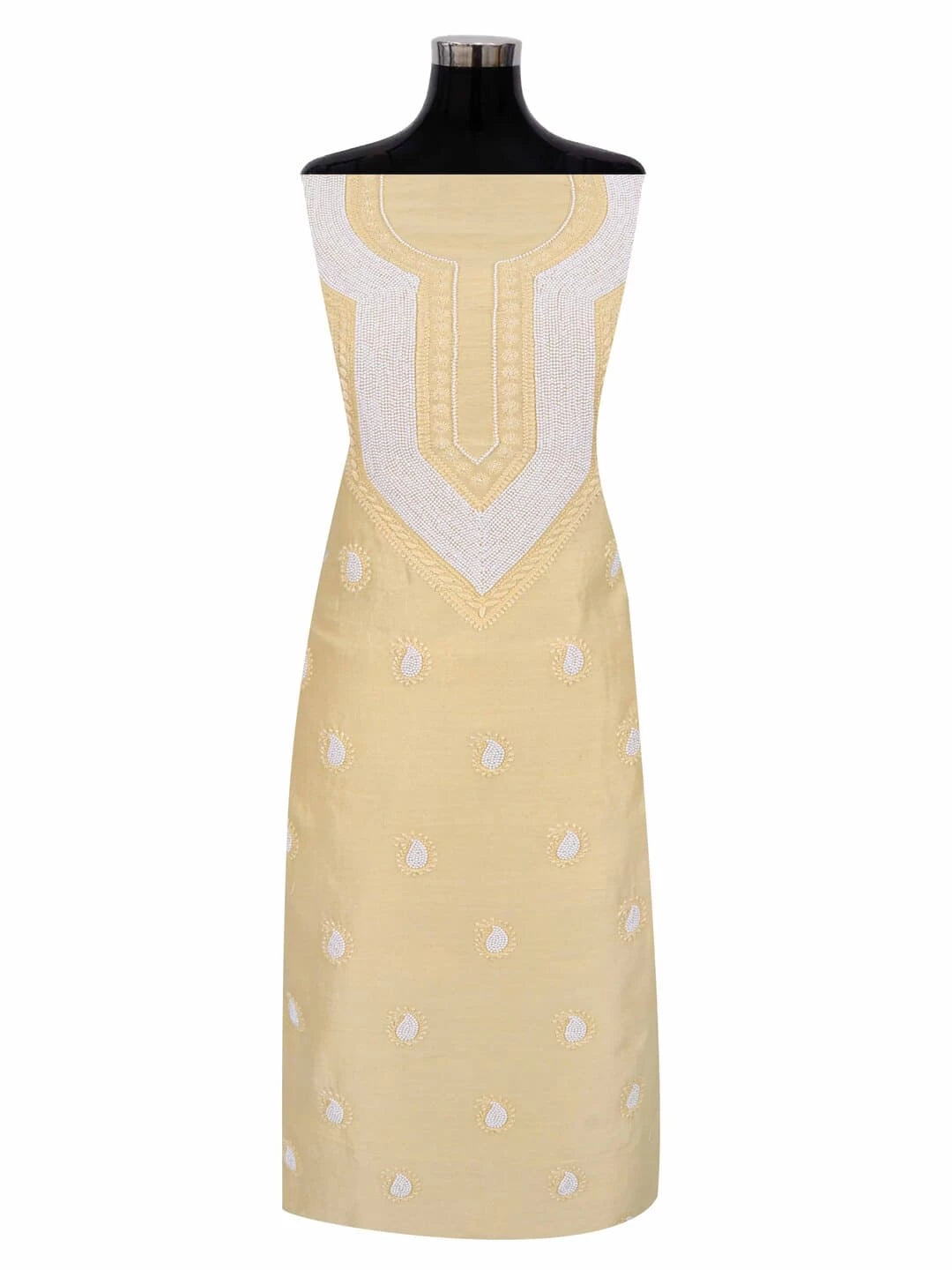 Ada Hand Embroidered Yellow Chanderi Lucknowi Chikankari Unstitched Kurta Dupatta Set With Pearl Work A600780