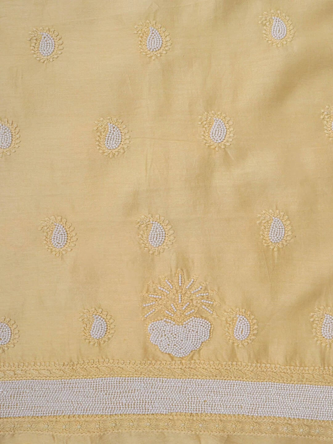 Ada Hand Embroidered Yellow Chanderi Lucknowi Chikankari Unstitched Kurta Dupatta Set With Pearl Work A600780