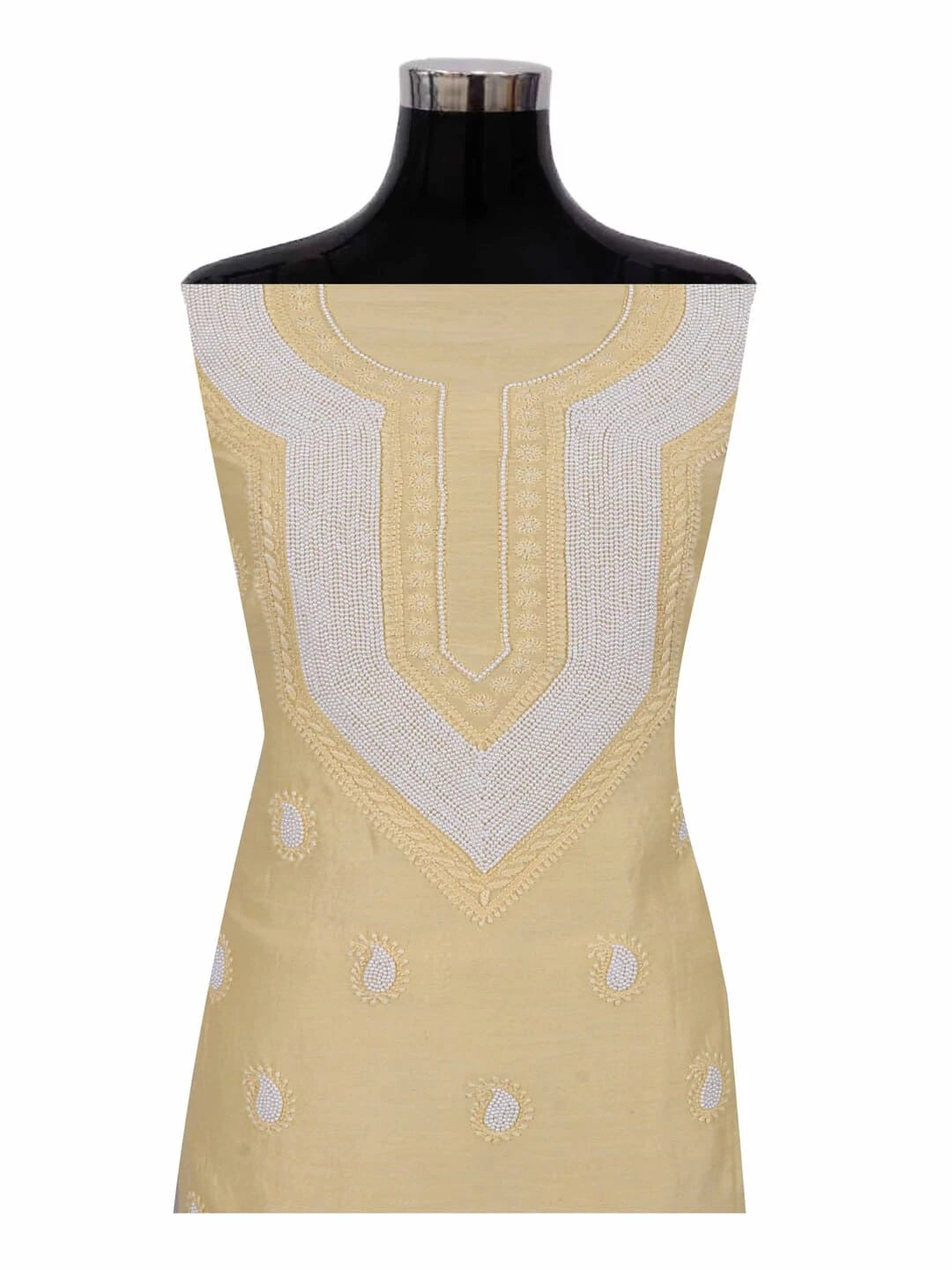 Ada Hand Embroidered Yellow Chanderi Lucknowi Chikankari Unstitched Kurta Dupatta Set With Pearl Work A600780