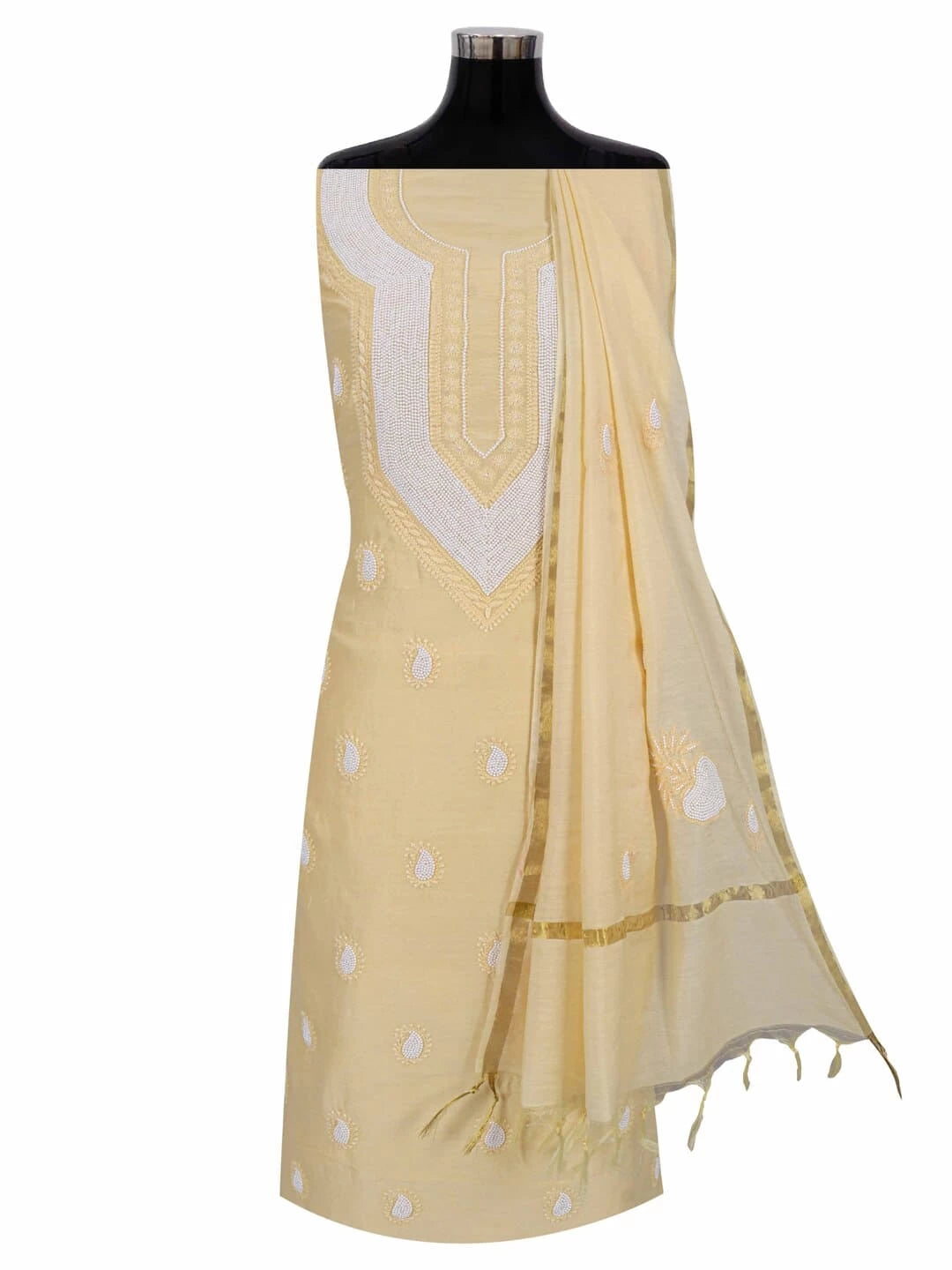 Ada Hand Embroidered Yellow Chanderi Lucknowi Chikankari Unstitched Kurta Dupatta Set With Pearl Work A600780