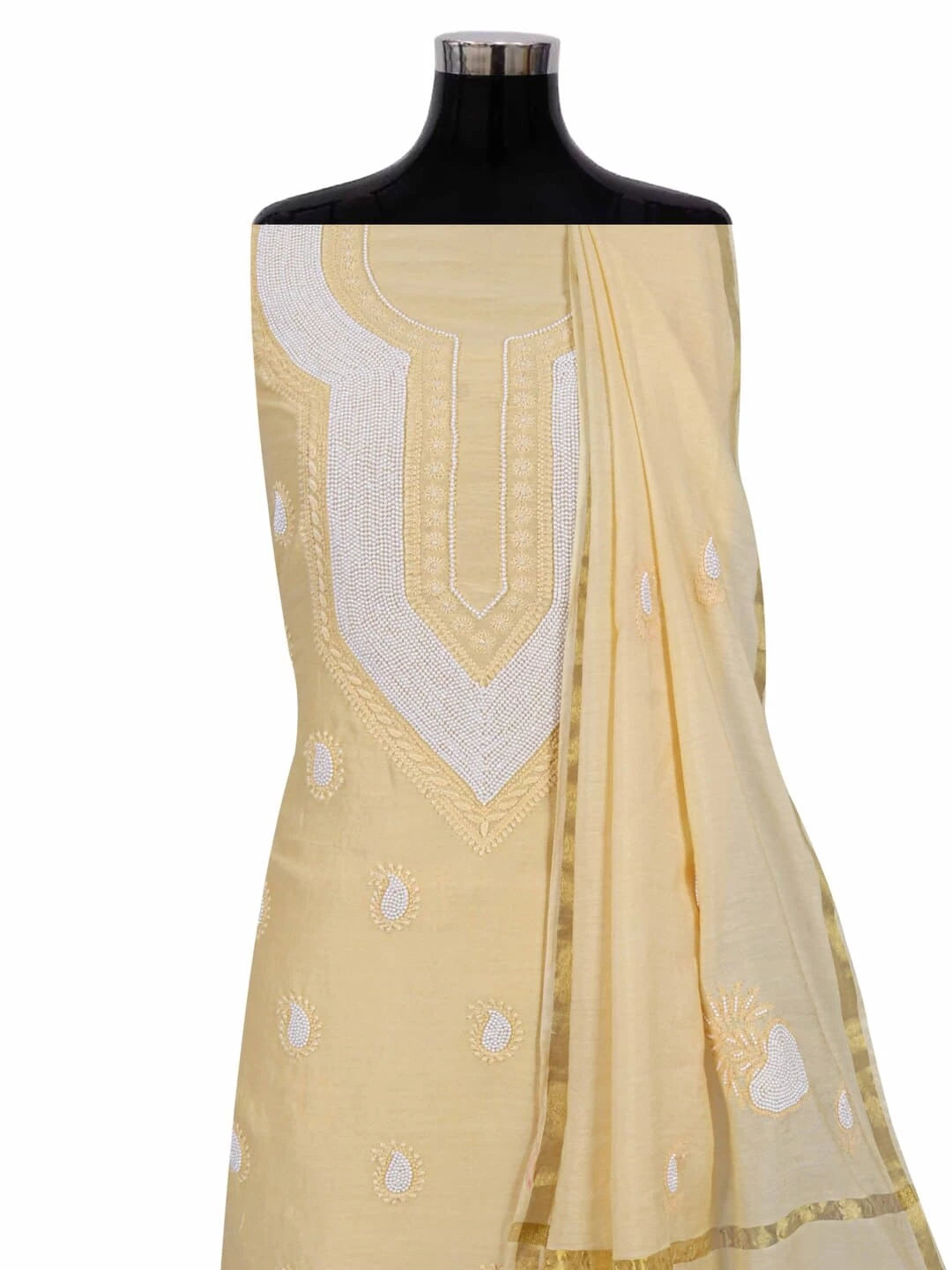 Ada Hand Embroidered Yellow Chanderi Lucknowi Chikankari Unstitched Kurta Dupatta Set With Pearl Work A600780