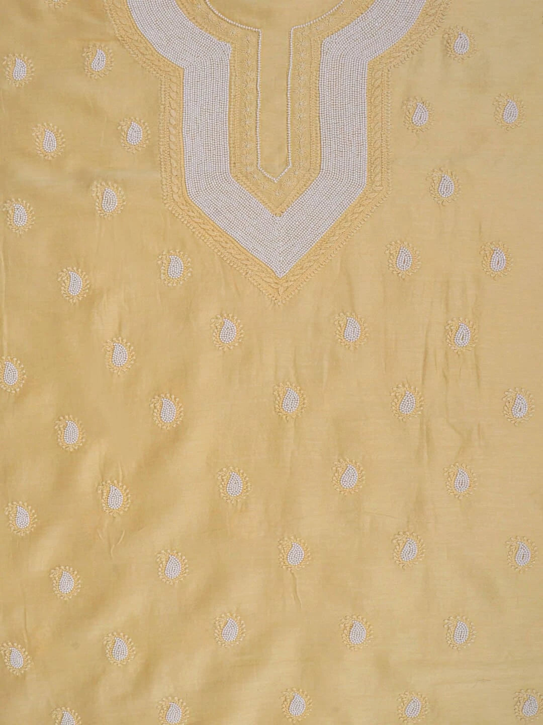 Ada Hand Embroidered Yellow Chanderi Lucknowi Chikankari Unstitched Kurta Dupatta Set With Pearl Work A600780