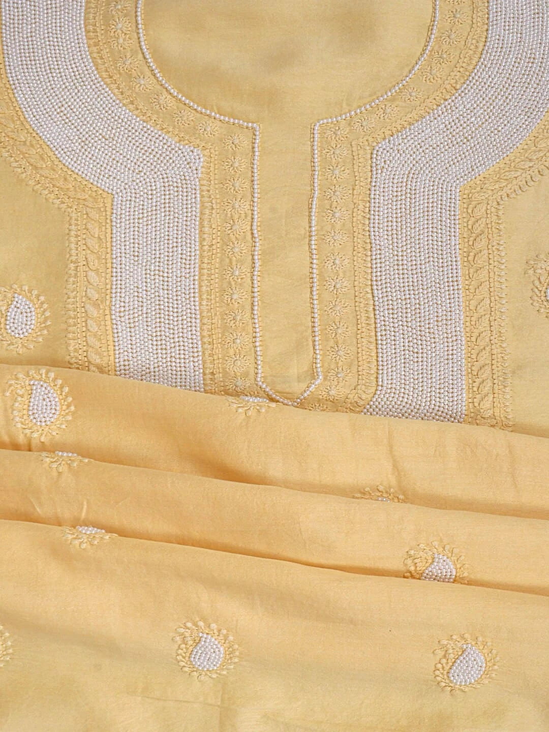 Ada Hand Embroidered Yellow Chanderi Lucknowi Chikankari Unstitched Kurta Dupatta Set With Pearl Work A600780