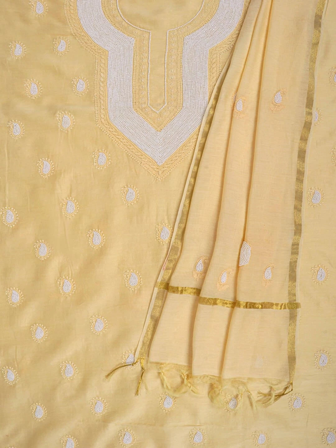 Ada Hand Embroidered Yellow Chanderi Lucknowi Chikankari Unstitched Kurta Dupatta Set With Pearl Work A600780