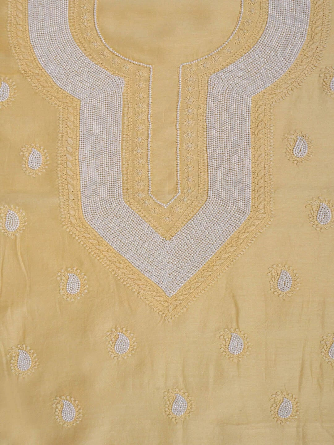 Ada Hand Embroidered Yellow Chanderi Lucknowi Chikankari Unstitched Kurta Dupatta Set With Pearl Work A600780