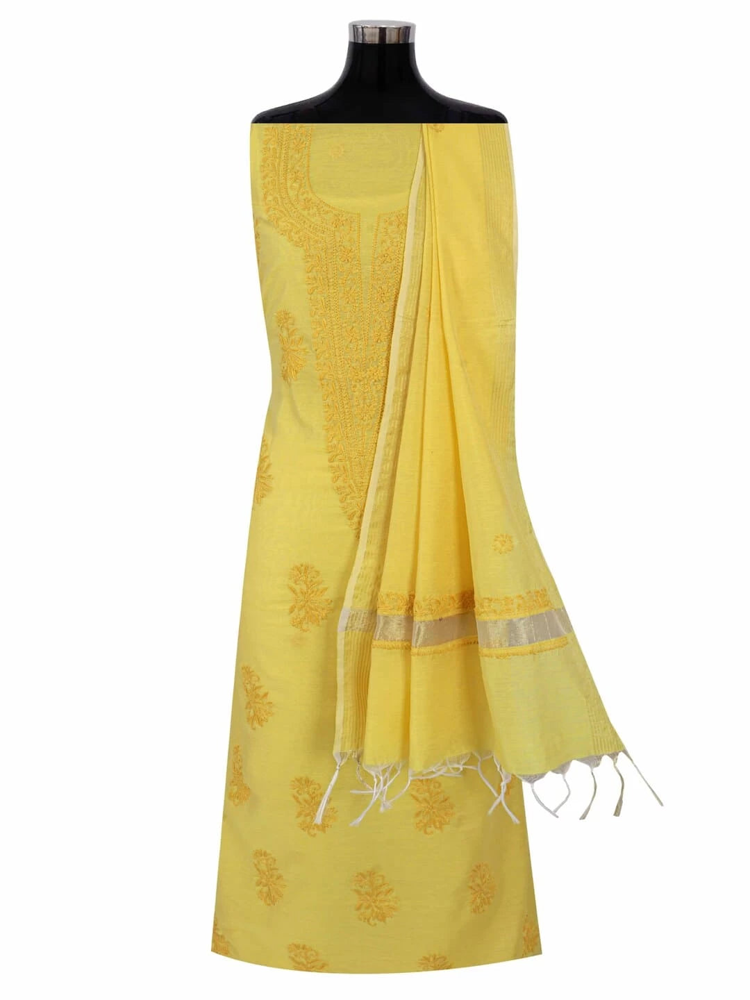 Ada Hand Embroidered Yellow Chanderi Lucknowi Chikankari Unstitched Kurta Dupatta Set 01A253830