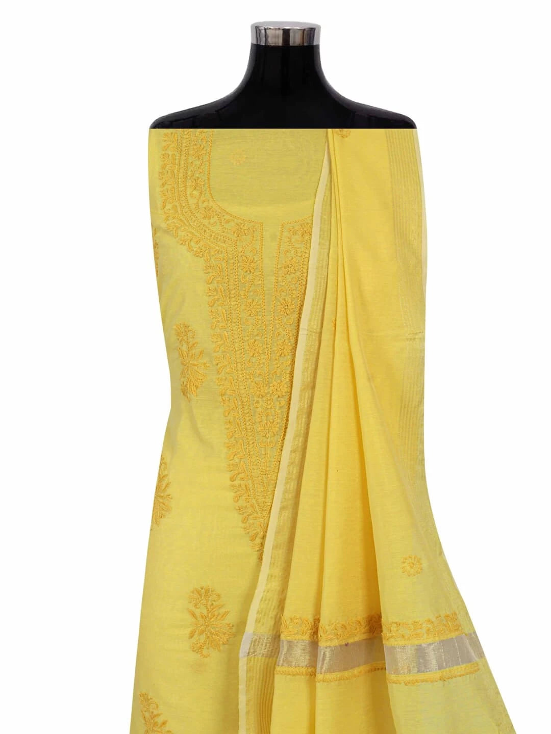 Ada Hand Embroidered Yellow Chanderi Lucknowi Chikankari Unstitched Kurta Dupatta Set 01A253830