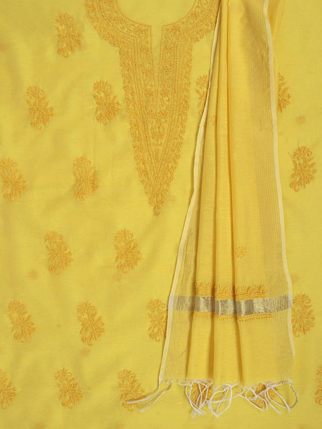 Ada Hand Embroidered Yellow Chanderi Lucknowi Chikankari Unstitched Kurta Dupatta Set 01A253830