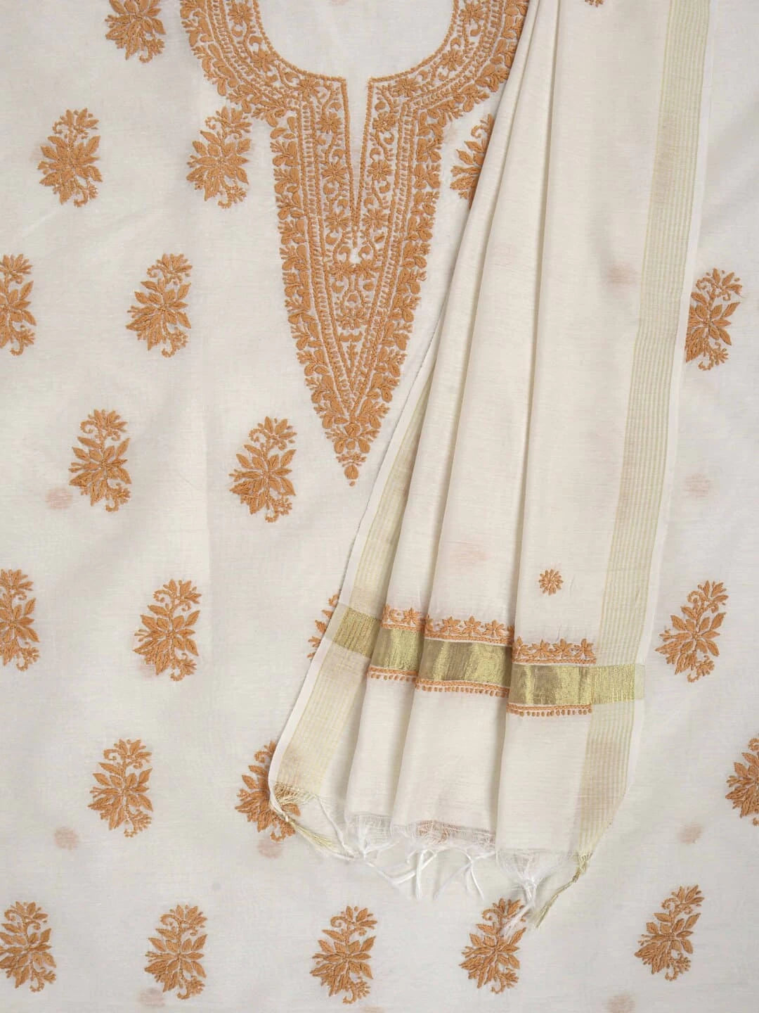 Ada Hand Embroidered Cream Chanderi Lucknowi Chikankari Unstitched Kurta Dupatta Set 01A253875