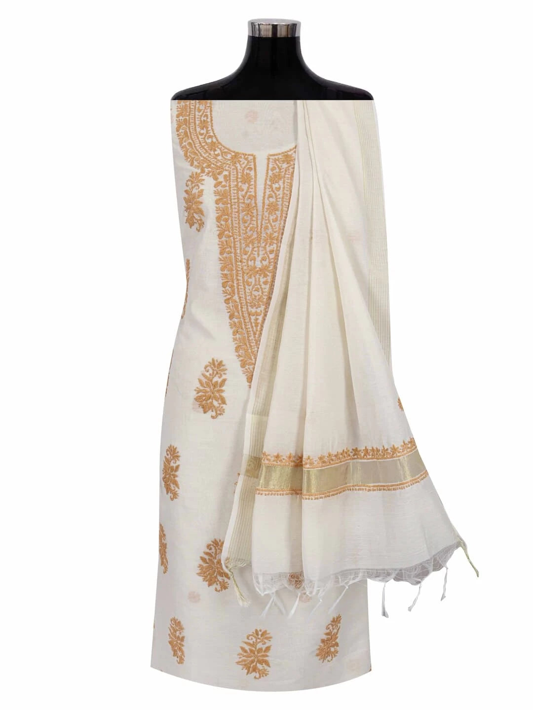 Ada Hand Embroidered Cream Chanderi Lucknowi Chikankari Unstitched Kurta Dupatta Set 01A253875