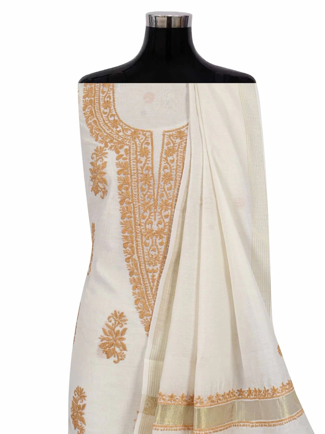 Ada Hand Embroidered Cream Chanderi Lucknowi Chikankari Unstitched Kurta Dupatta Set 01A253875