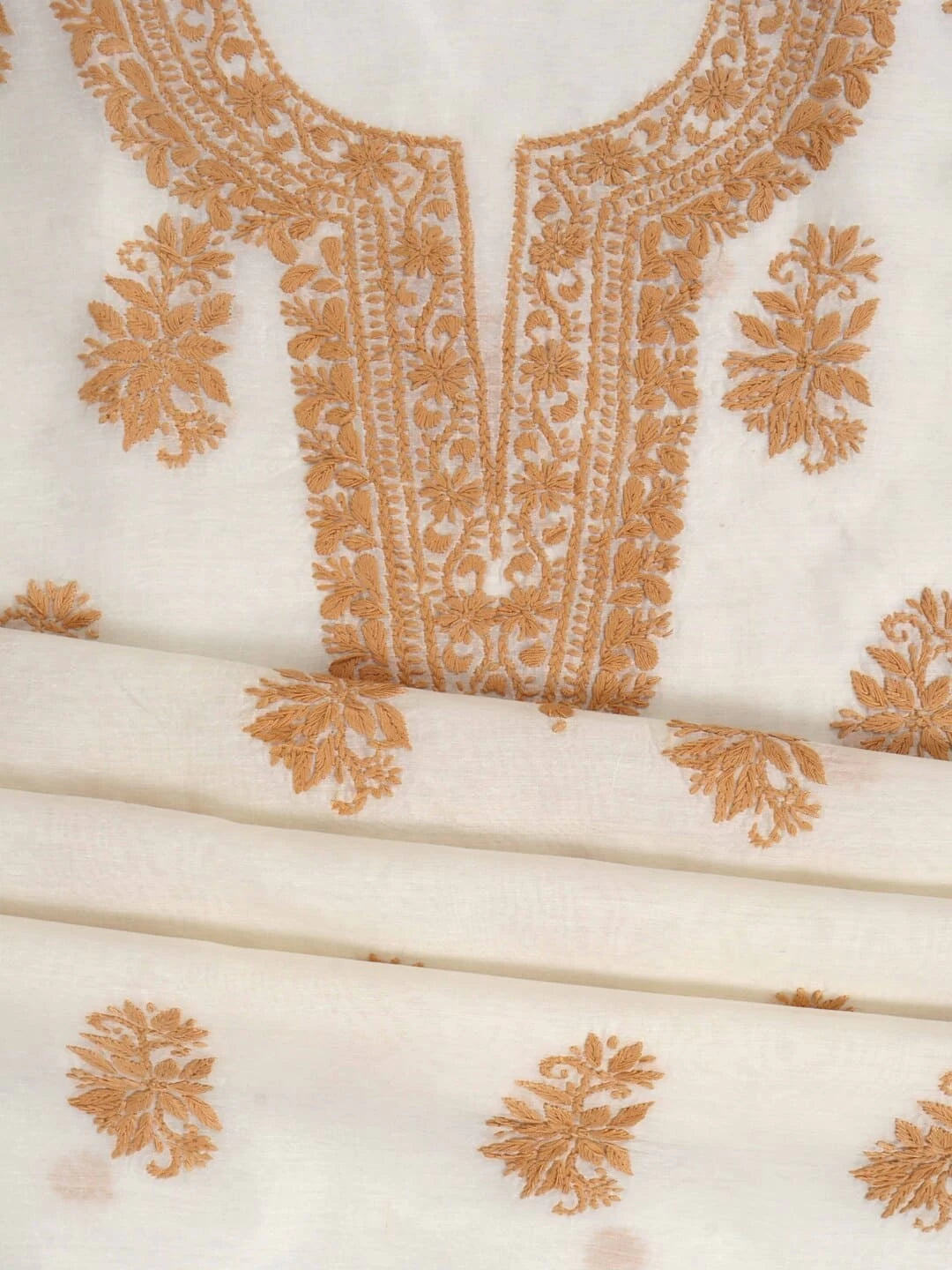 Ada Hand Embroidered Cream Chanderi Lucknowi Chikankari Unstitched Kurta Dupatta Set 01A253875