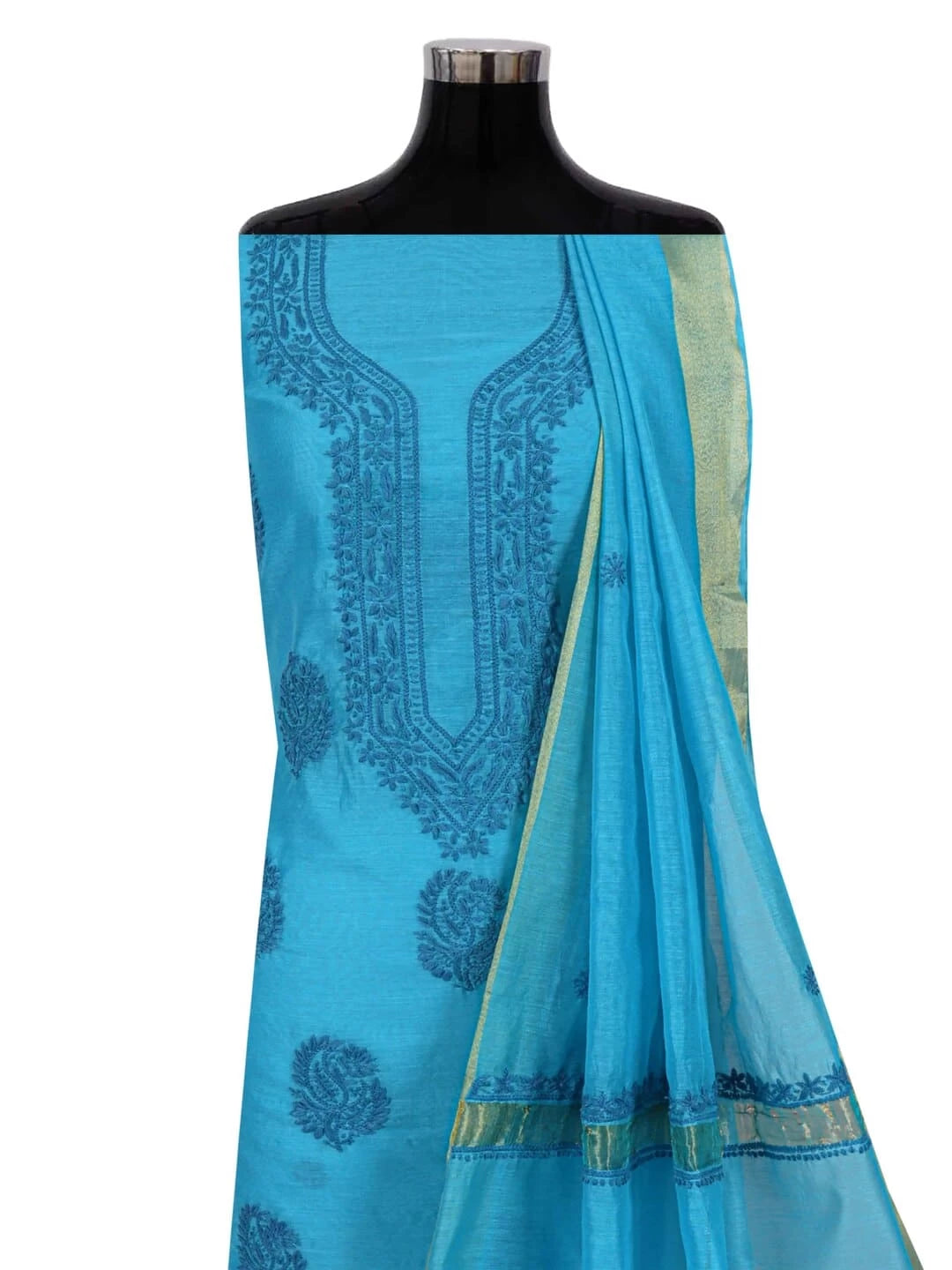 Ada Hand Embroidered Blue Chanderi Lucknowi Chikankari Unstitched Kurta Dupatta Set 01A253855