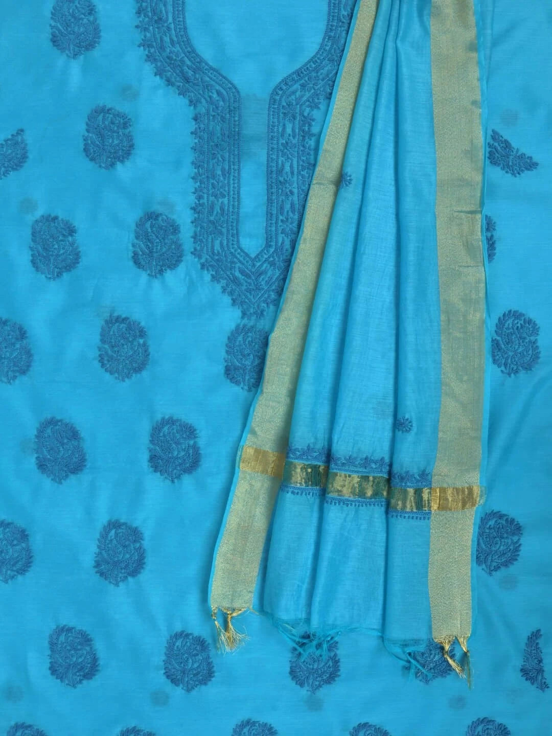 Ada Hand Embroidered Blue Chanderi Lucknowi Chikankari Unstitched Kurta Dupatta Set 01A253855