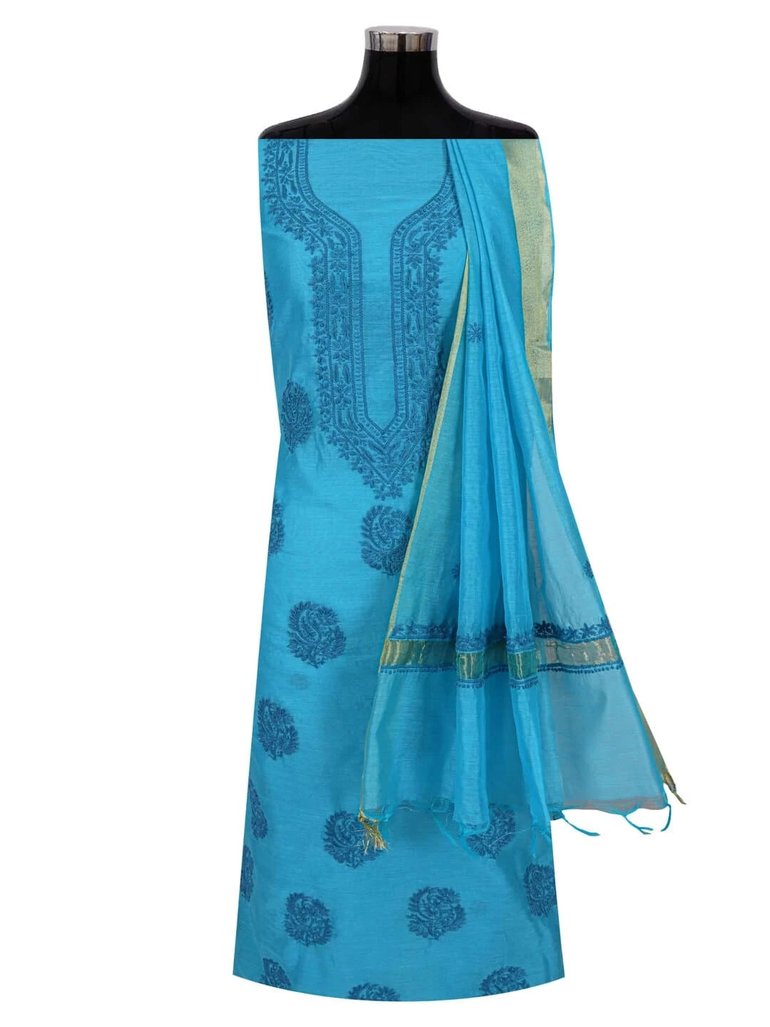 Ada Hand Embroidered Blue Chanderi Lucknowi Chikankari Unstitched Kurta Dupatta Set 01A253855