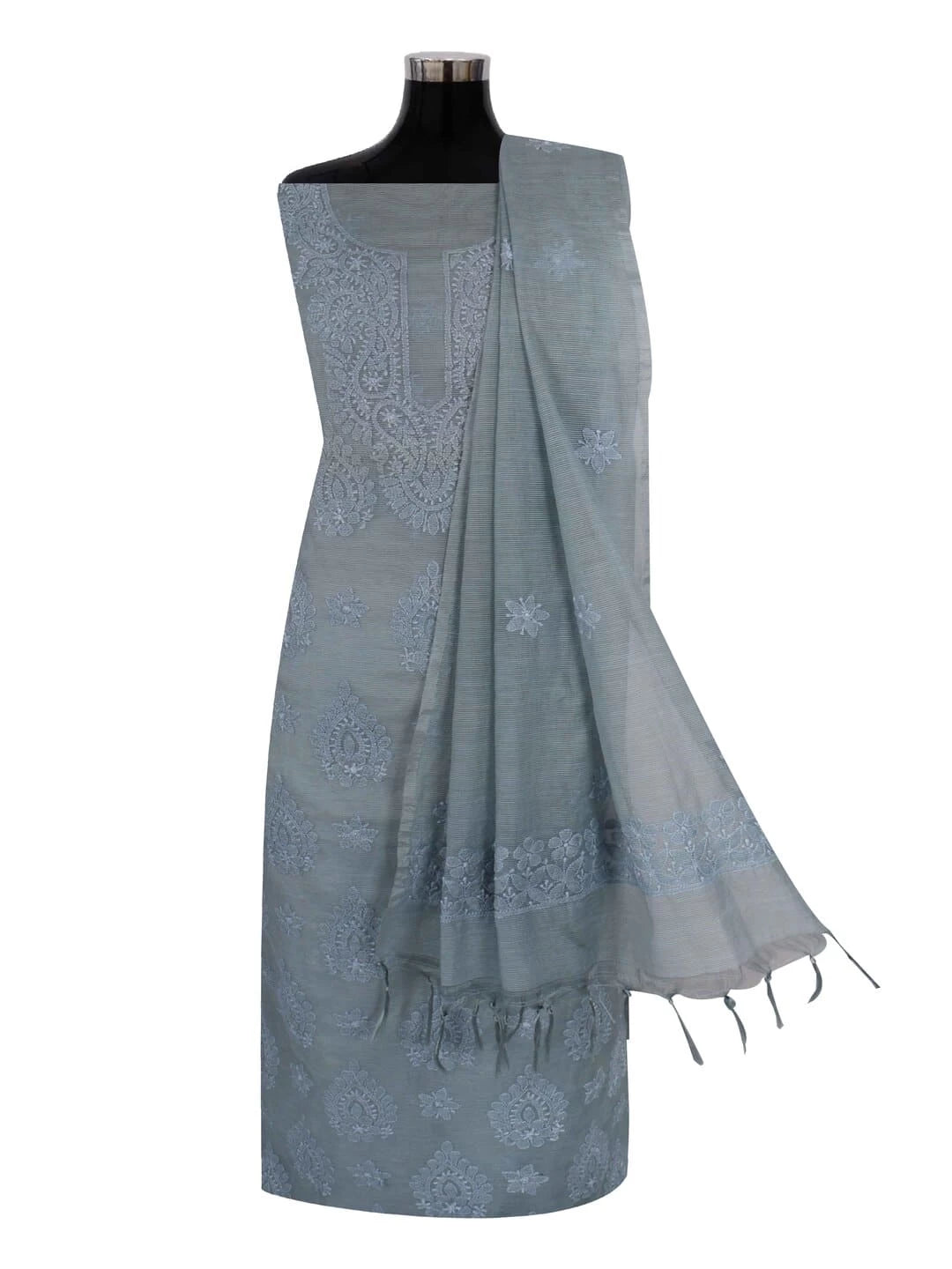 Ada Hand Embroidered Grey Super Net Lucknowi Chikankari Unstitched Kurta Dupatta Set 01A186738