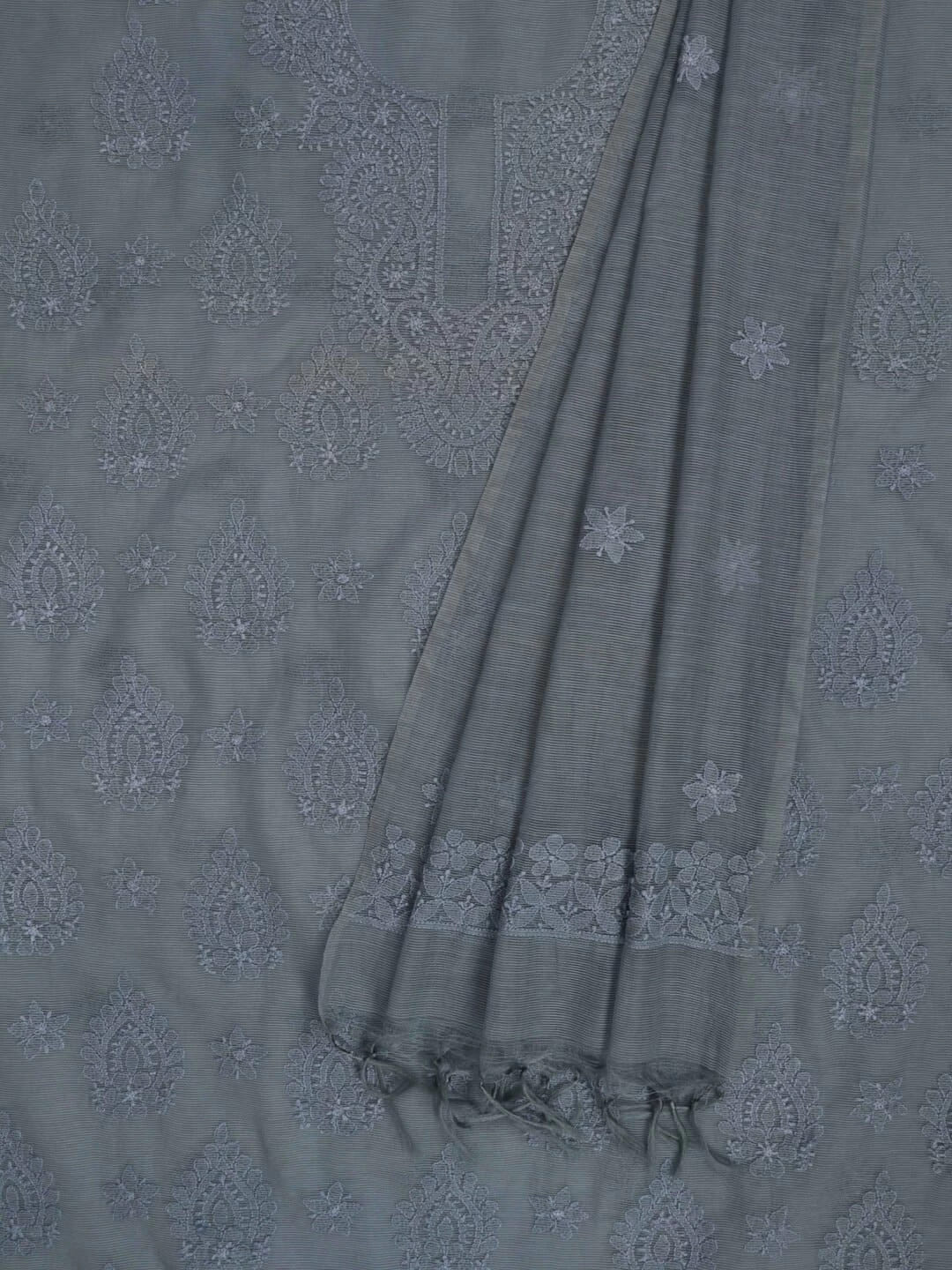 Ada Hand Embroidered Grey Super Net Lucknowi Chikankari Unstitched Kurta Dupatta Set 01A186738