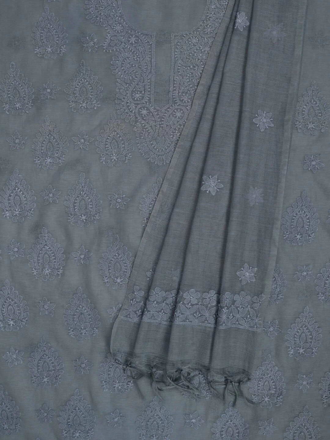 Ada Hand Embroidered Grey Super Net Lucknowi Chikankari Unstitched Kurta Dupatta Set 01A186738
