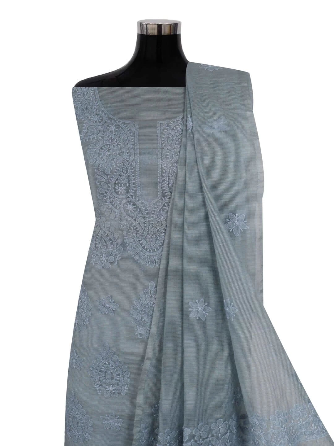 Ada Hand Embroidered Grey Super Net Lucknowi Chikankari Unstitched Kurta Dupatta Set 01A186738