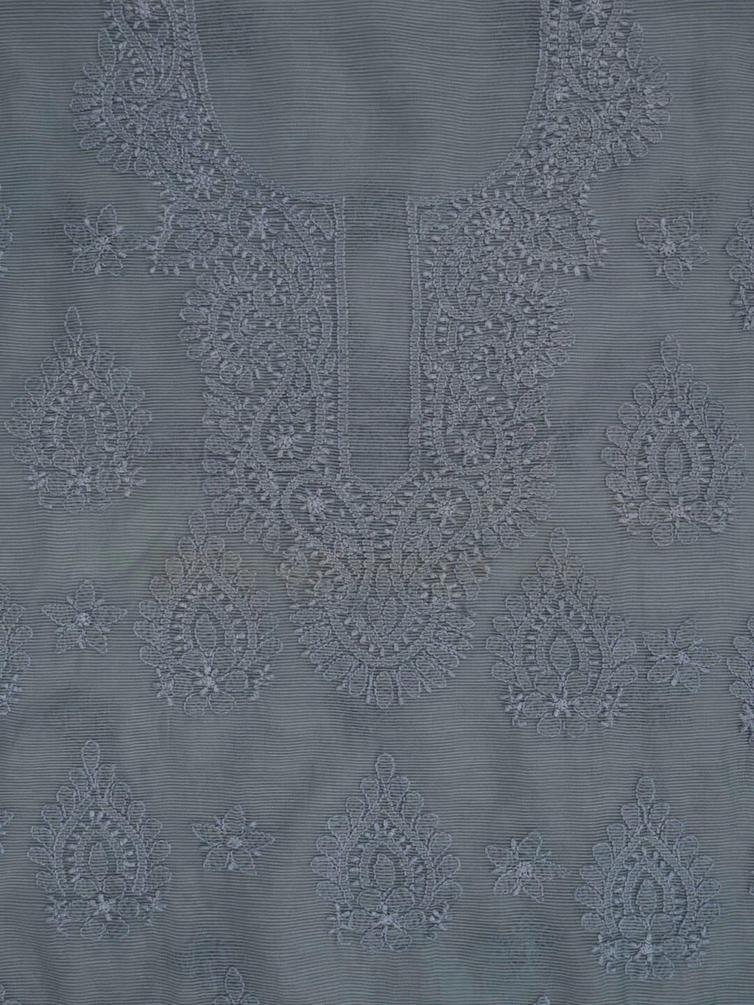 Ada Hand Embroidered Grey Super Net Lucknowi Chikankari Unstitched Kurta Dupatta Set 01A186738