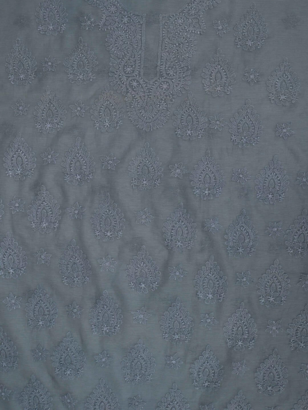Ada Hand Embroidered Grey Super Net Lucknowi Chikankari Unstitched Kurta Dupatta Set 01A186738