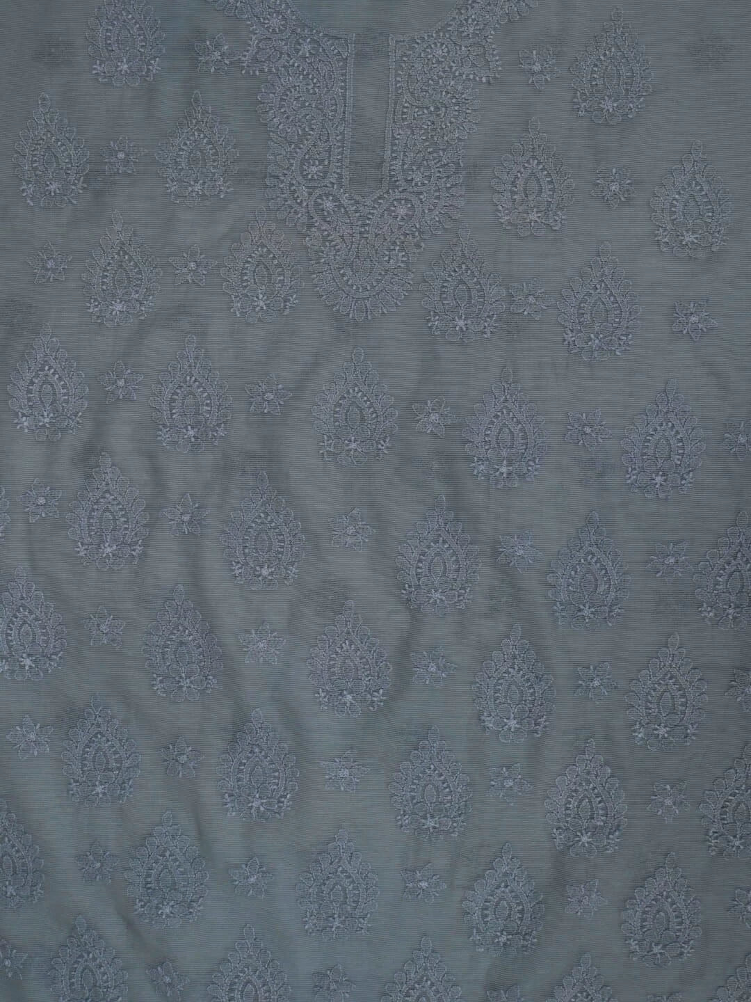Ada Hand Embroidered Grey Super Net Lucknowi Chikankari Unstitched Kurta Dupatta Set 01A186738