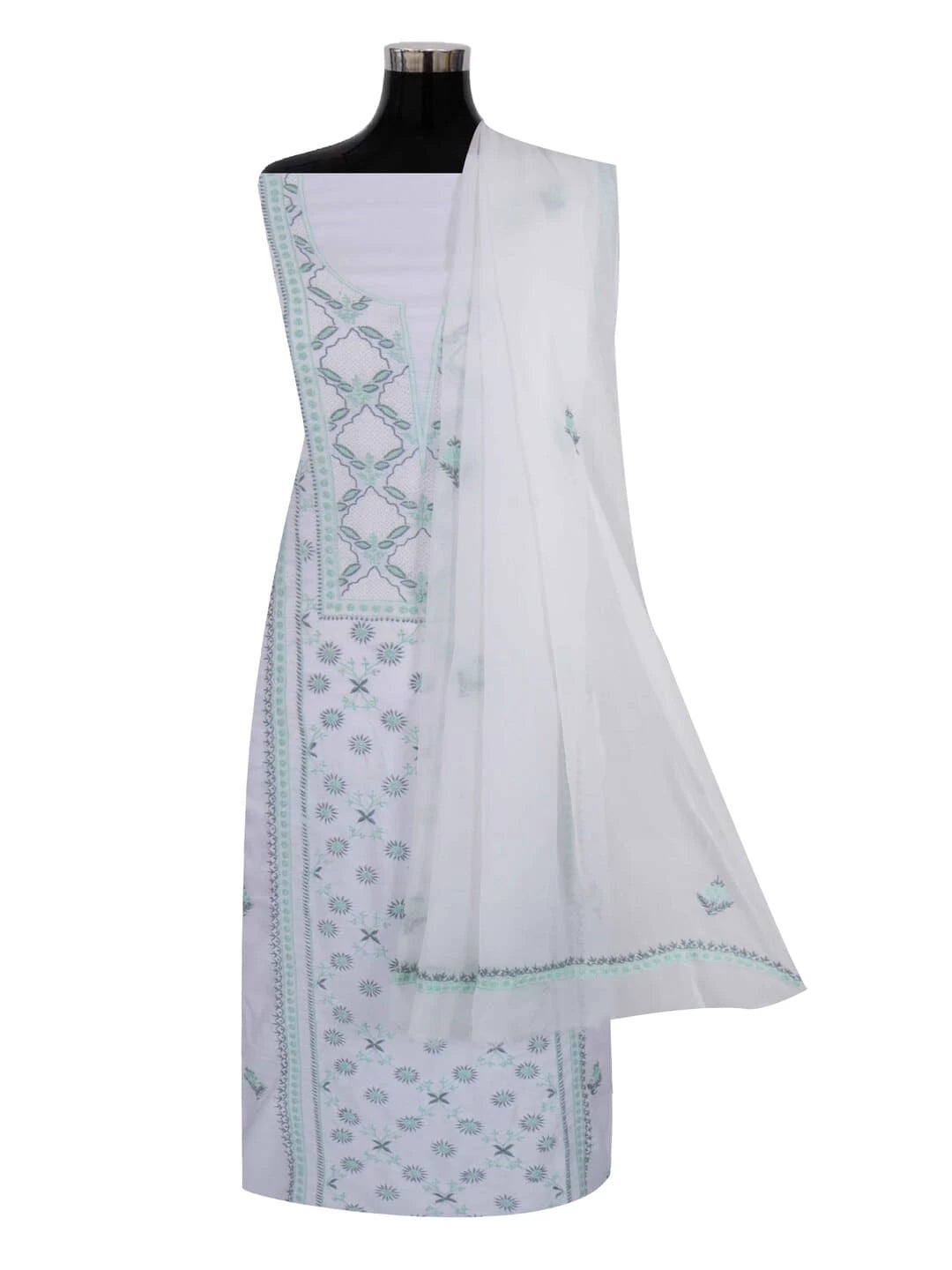 Ada Hand Embroidered White Modal Lucknowi Chikankari Unstitched Kurta Dupatta Set 01A243863