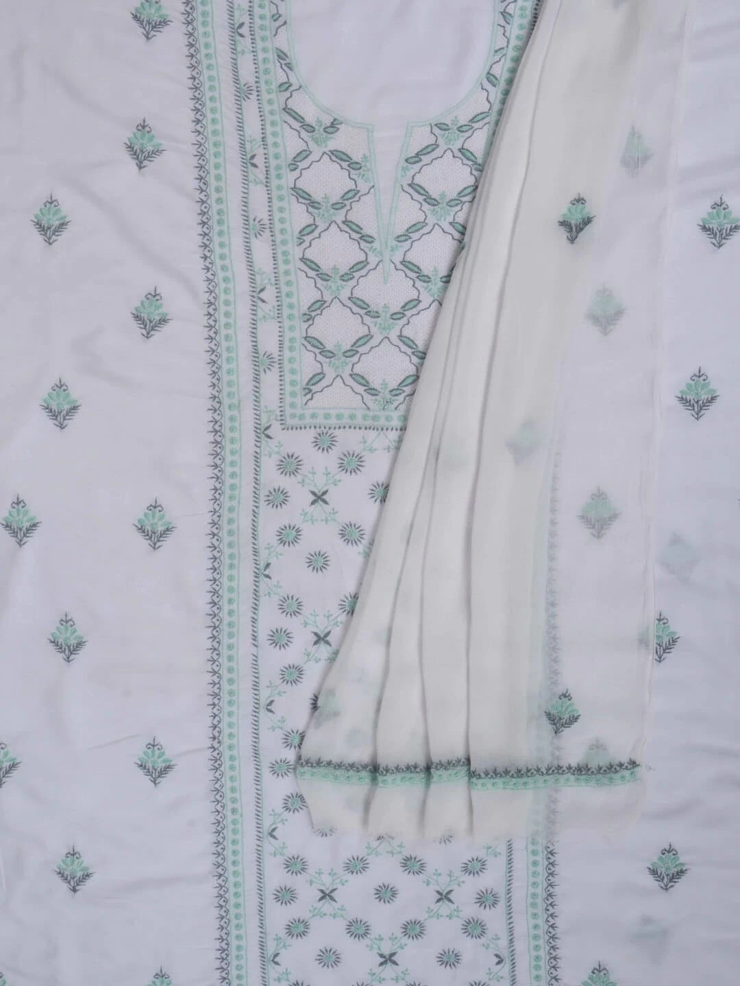 Ada Hand Embroidered White Modal Lucknowi Chikankari Unstitched Kurta Dupatta Set 01A243863
